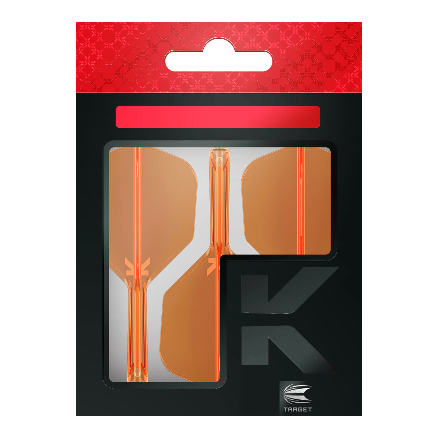 Target K-Flex No6 Vluchtsysteem - Neon Oranje Die Verpackung zeigt drei neonorange Dart-Flights der Marke Target. Das Design ist modern mit einem schwarz-roten Hintergrund und einem großen "K" auf der Vorderseite.