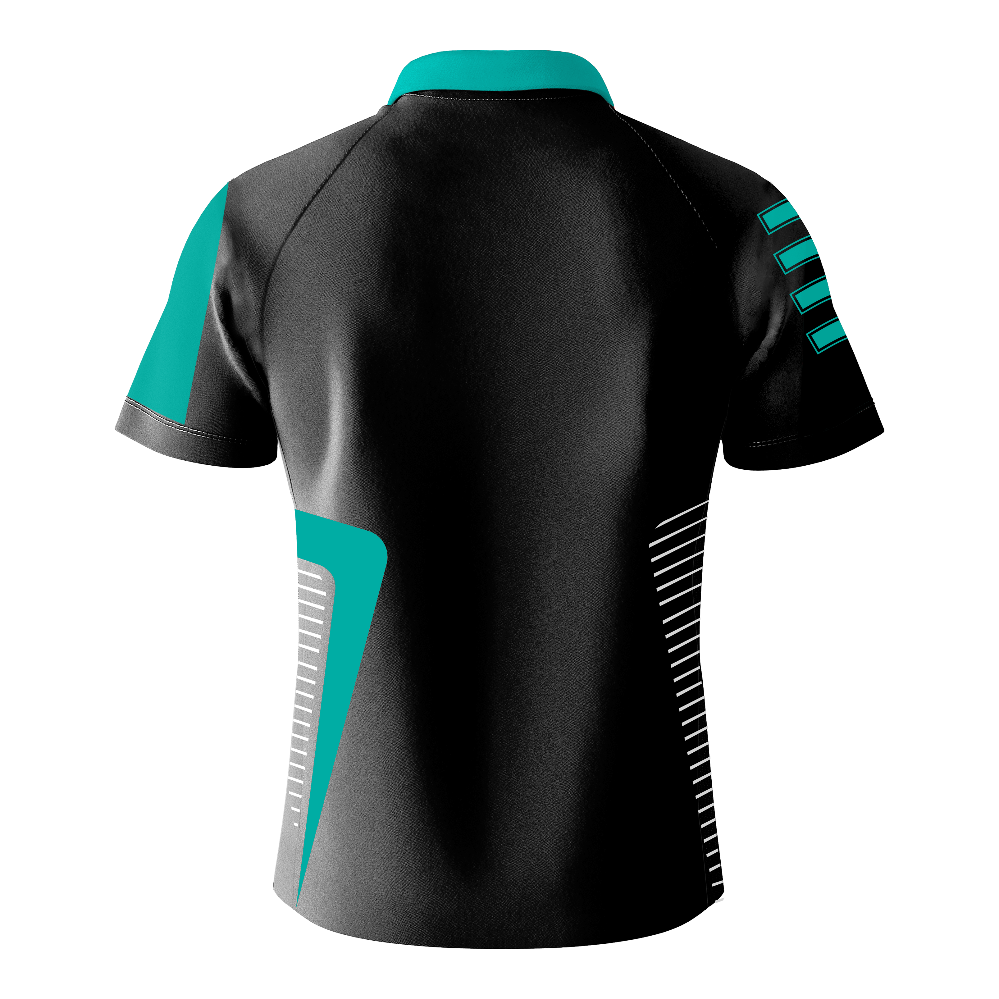 Das Bild zeigt das "Bulls Team Dartshirt - Mint" von hinten. Das Shirt ist überwiegend schwarz mit mintfarbenen und weißen Akzenten.