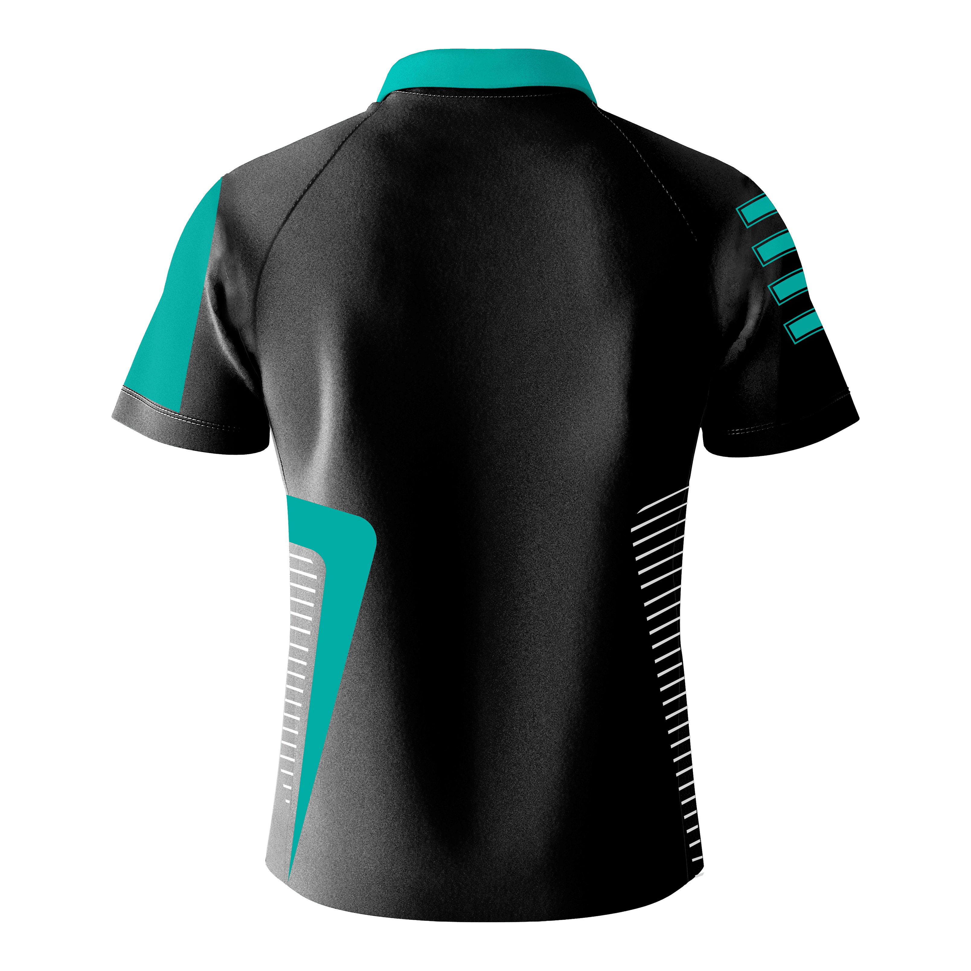 Bulls Team Dart Shirt - Munt Das Bild zeigt das "Bulls Team Dartshirt - Mint" von hinten. Das Shirt ist überwiegend schwarz mit mintfarbenen und weißen Akzenten.