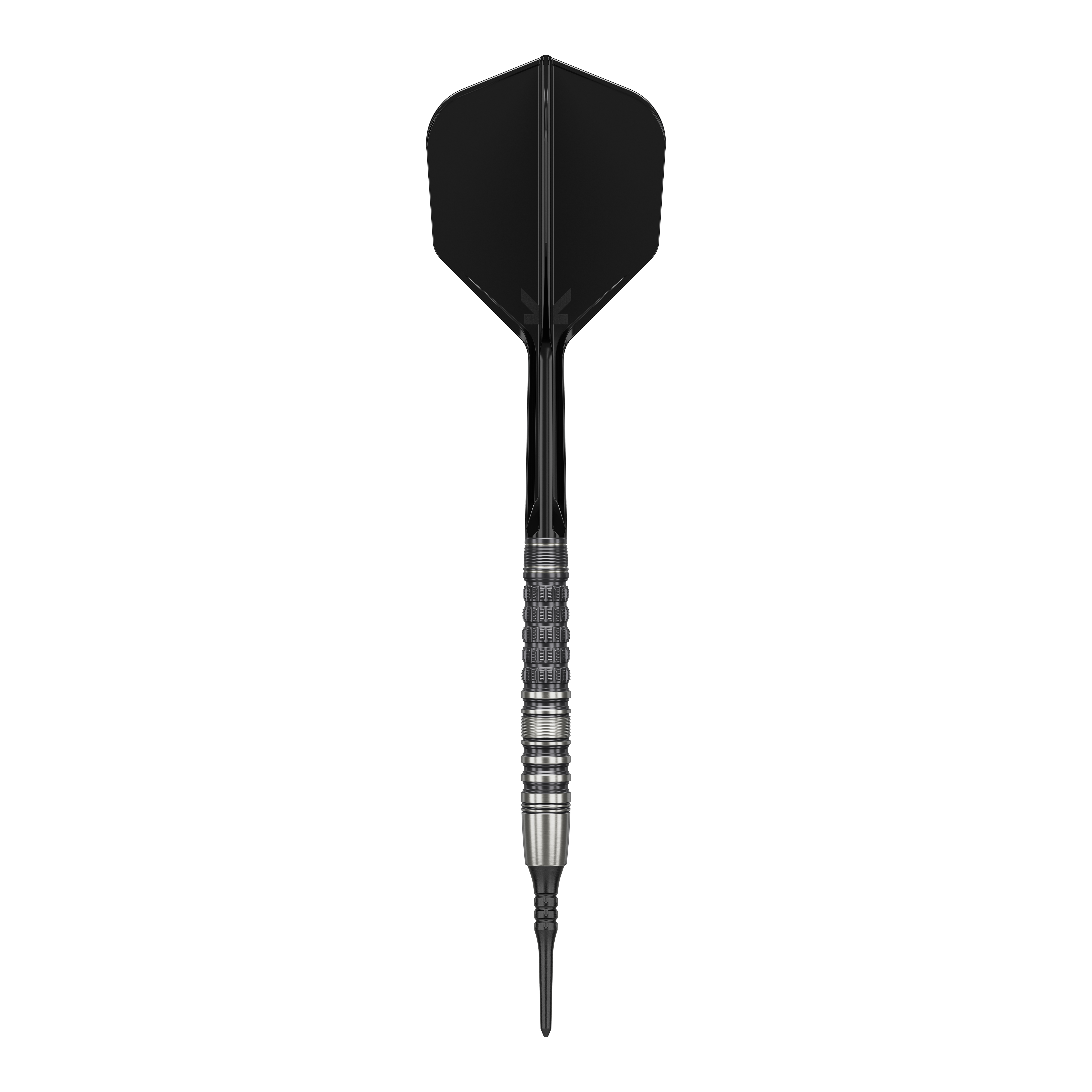 Target Japan Black Marque Lumiere GEN3 Soft Darts - 18,5 g Das Bild zeigt einen Softdart mit schwarzer Spitze, schwarzem Shaft und Flight sowie einem silbernen, strukturierten Barrel. Es handelt sich um den "Target Japan Black Marque Lumiere GEN3 Softdarts - 18,5g".