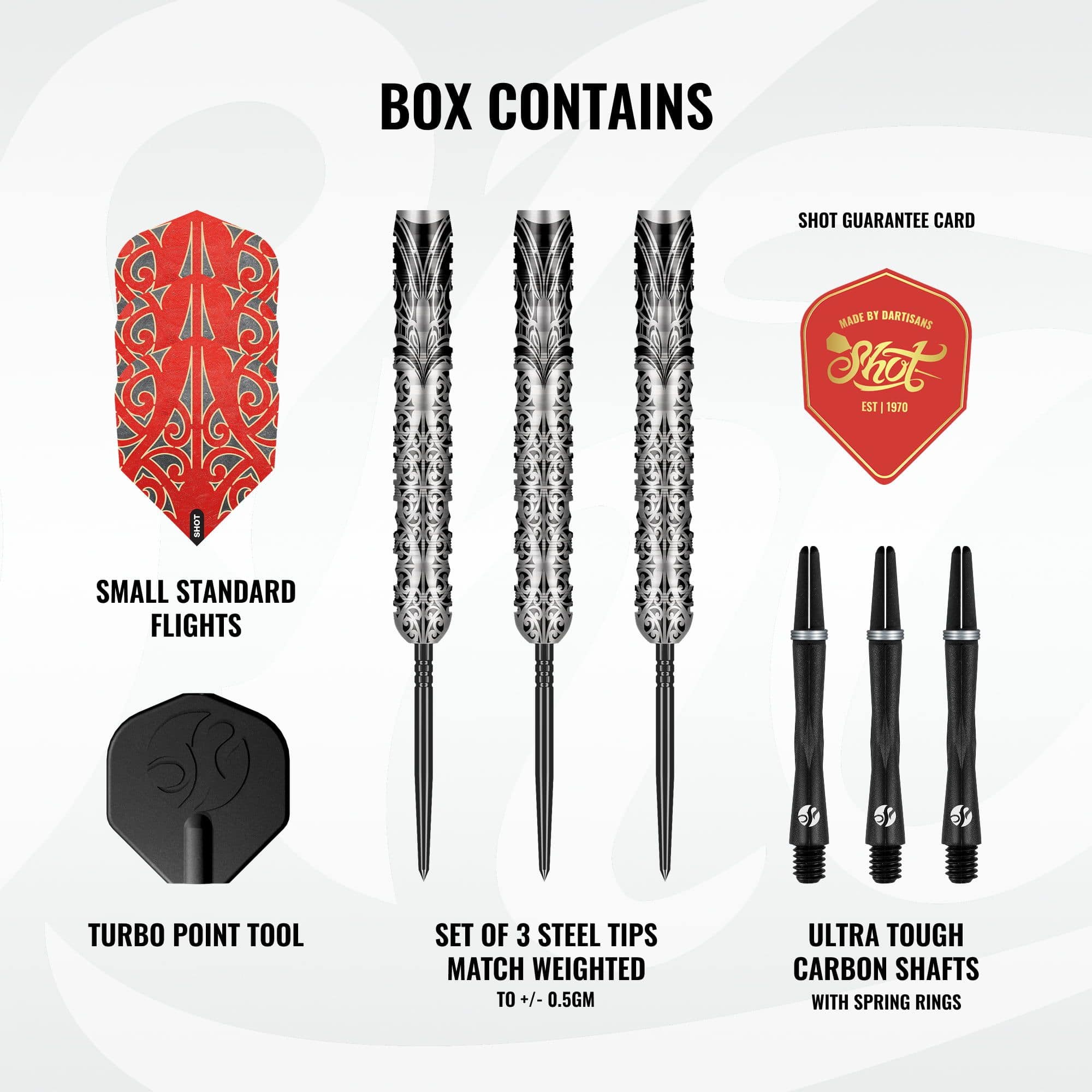 Shot Warrior Taiaha Turbo Point Steeldarts Das Bild zeigt Shot Warrior Taiaha TurboPoints Steeldarts. Die Darts sind als Set zusammengestellt.