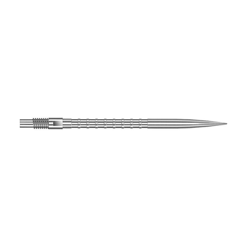 Harrows Quick Point Heavy Metal Dart Tips - Zilver Das Bild zeigt eine silberne Dartspitze mit Heavy Metal Grip, 40 mm lang. Die Spitze liegt auf weißem Hintergrund.