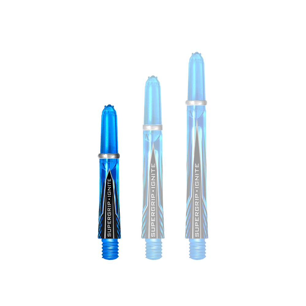 Das Bild zeigt drei Harrows Supergrip Ignite Shafts in der Farbe Aqua. Die Shafts sind unterschiedlich lang und haben ein modernes, blaues Design.