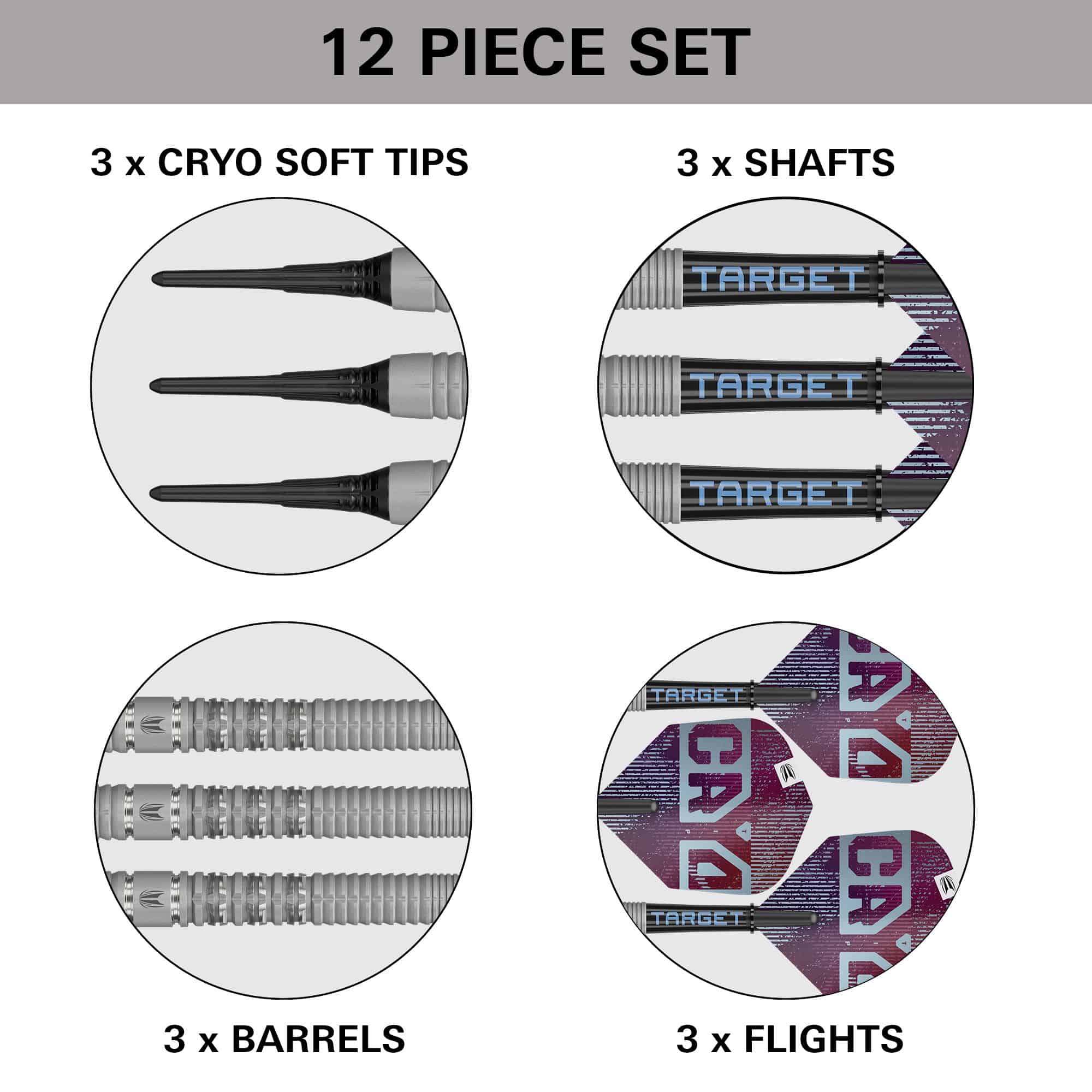 Abgebildet ist das Produkt Target Cryo 11 Softdarts. Diese Darts sind speziell für das Softdartspiel entworfen.