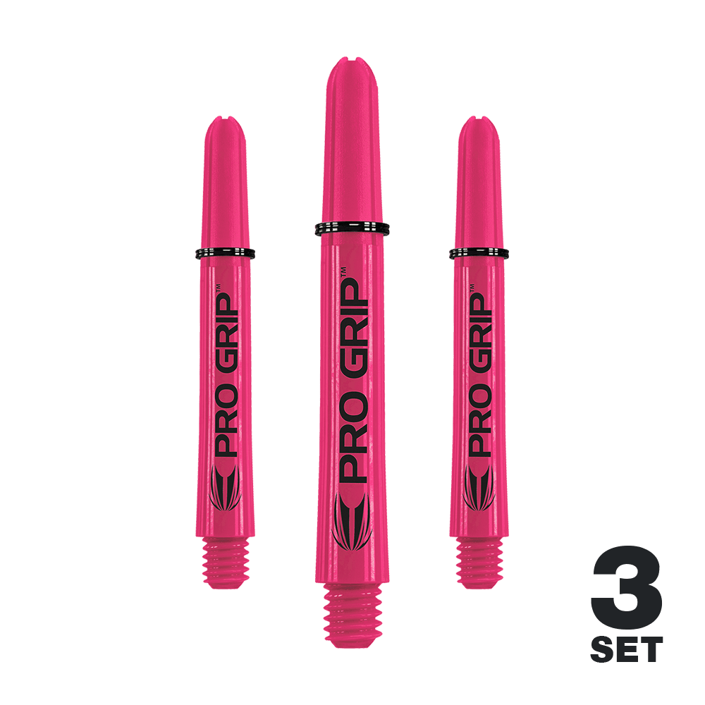 Target Pro Grip Shafts - 3 sets - Roze Das Bild zeigt drei pinke Pro Grip Shafts für Darts. Unten rechts steht "3 Set" geschrieben.