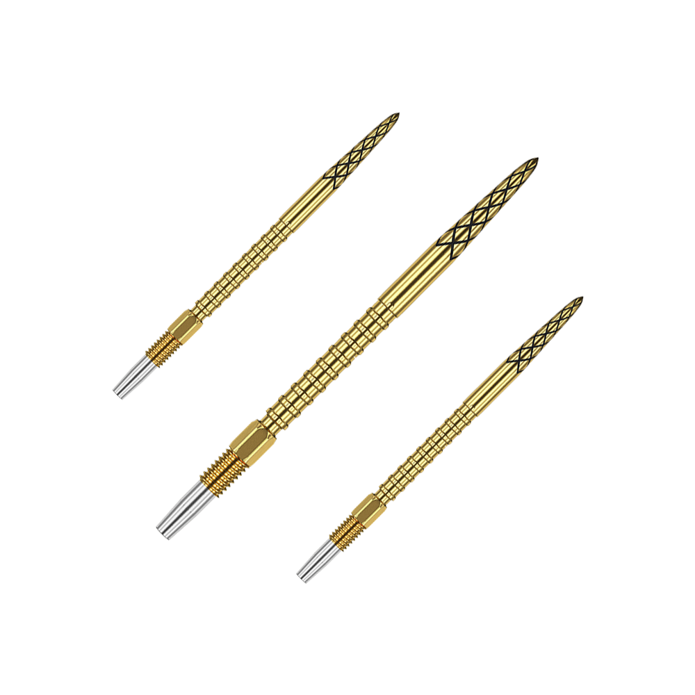 Target Swiss DS Surge Point Dartpunten - Goud Auf dem Bild sind drei goldene Dartspitzen mit schwarzen Rillen zu sehen. Sie sind lang und haben ein silbernes Gewinde am unteren Ende.