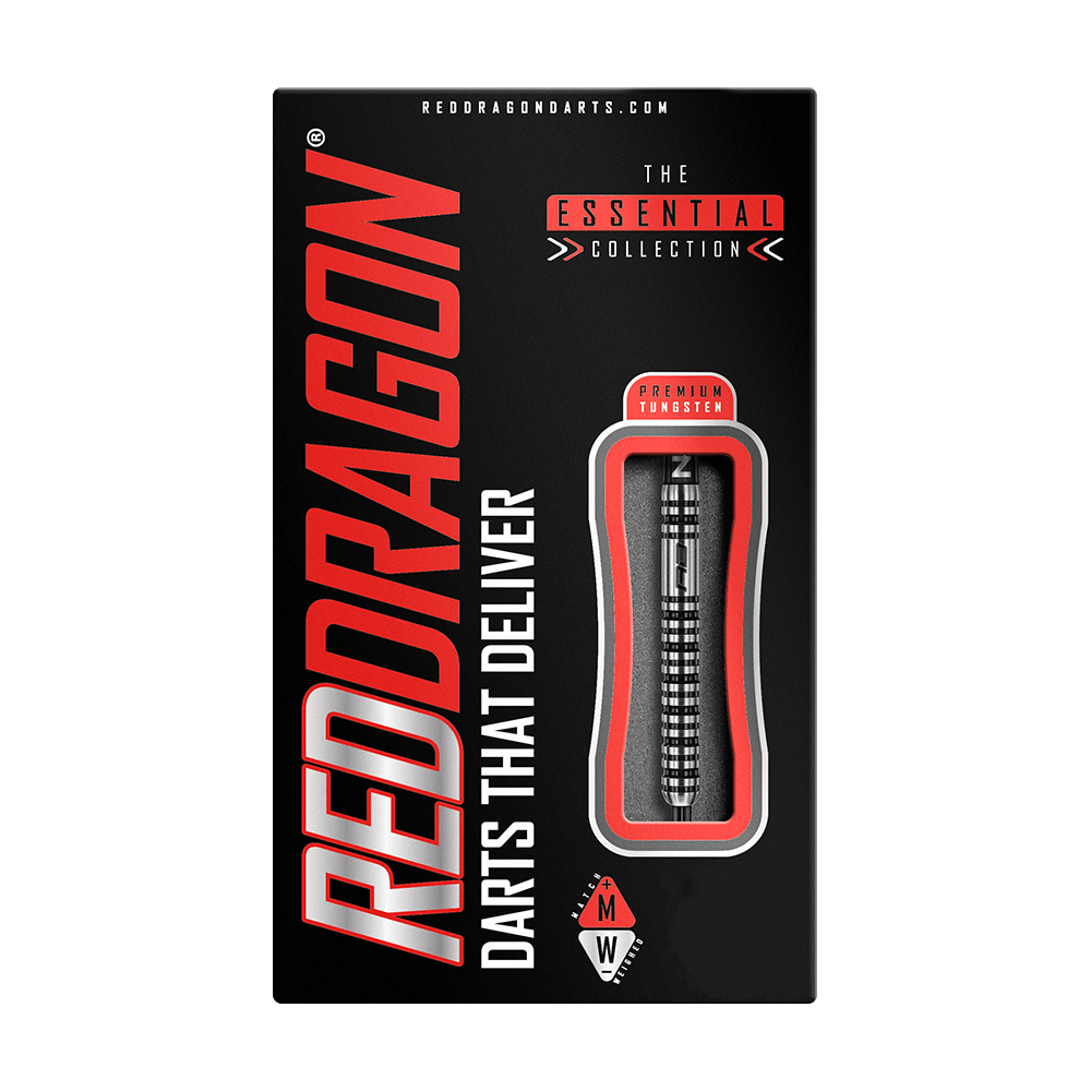 RD1892-RedDragon-Dragonfly-3-Steeldarts-3 Auf dem Bild ist eine Verpackung für Darts der Marke RedDragon zu sehen. In der Mitte der Verpackung befindet sich ein Dartpfeil, und der Schriftzug "DARTS THAT DELIVER" ist deutlich lesbar.