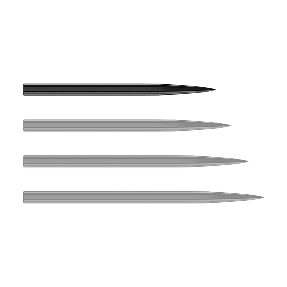 Harrows stalen dartpunten - zwart Auf dem Bild sind vier schwarze Steeldartspitzen zu sehen, die nebeneinander liegen. Sie sind schlank und jeweils an einem Ende spitz zulaufend.