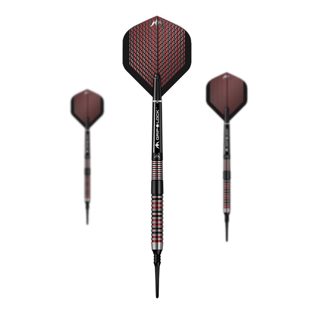 Mission Red Dawn Model 1 Zachte Darts - 19g Auf dem Bild sind drei Softdarts des Modells "Mission Red Dawn Model 1" mit einem Gewicht von 19 Gramm zu sehen. Die Darts haben rote und schwarze Akzente sowie eine auffällige Flight-Gestaltung.
