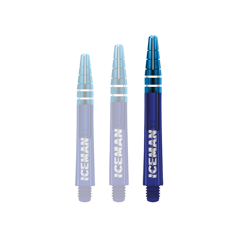 C812_Red_Dragon_Nitrotech_Gerwyn_Price_Blue_Shafts_48mm_1lT6yBjcDxLN9p Das Bild zeigt drei blaue Dartschäfte mit silbernen Akzenten. Auf den Schäften steht in weißen Buchstaben das Wort "ICEMAN".