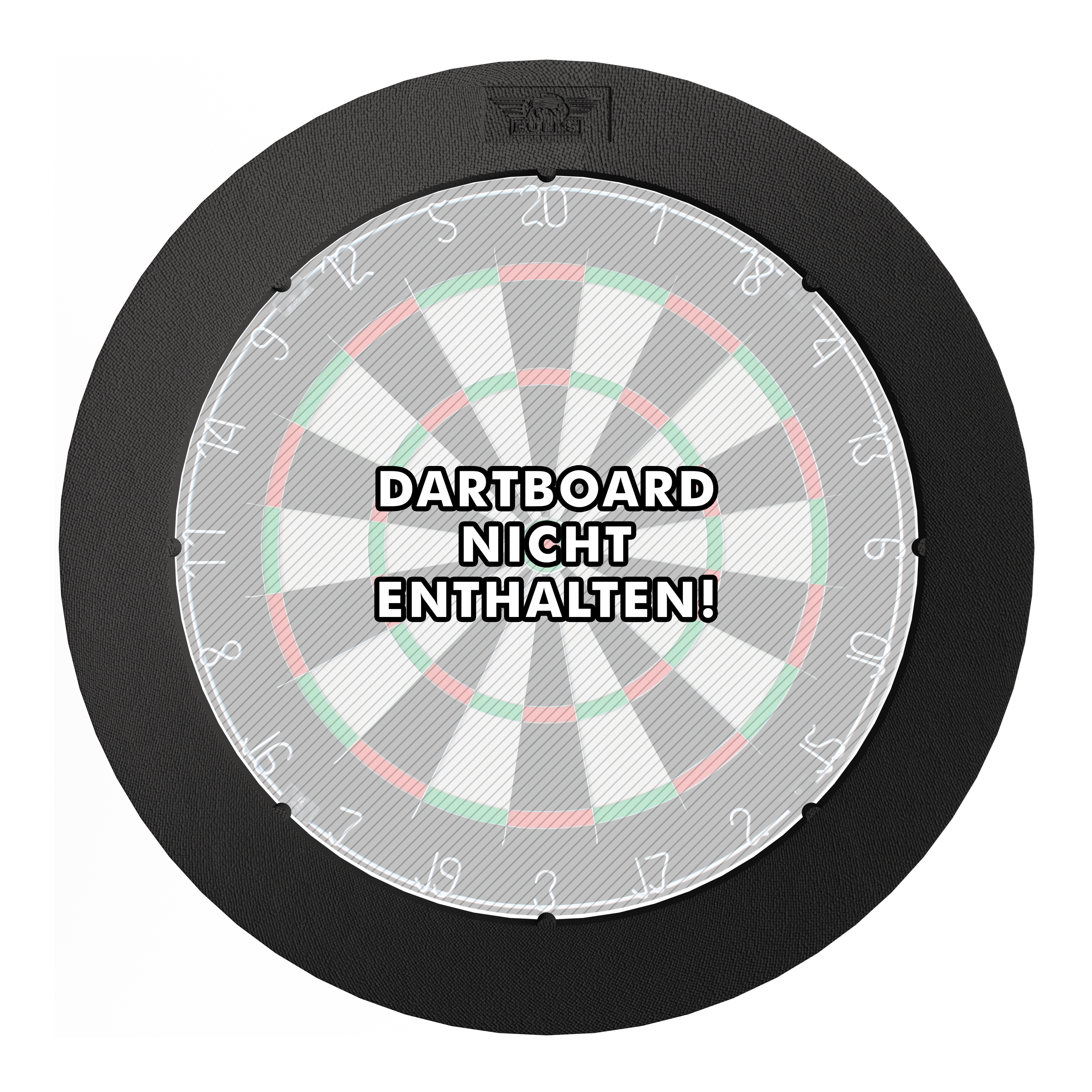 Bulls NL Lumo Light Surround verlichtingssysteem Das Bild zeigt das 'Bulls NL Lumo Light Surround Beleuchtungssystem' rund um eine Dartscheibe. In der Mitte steht der Hinweis: "Dartboard nicht enthalten!"