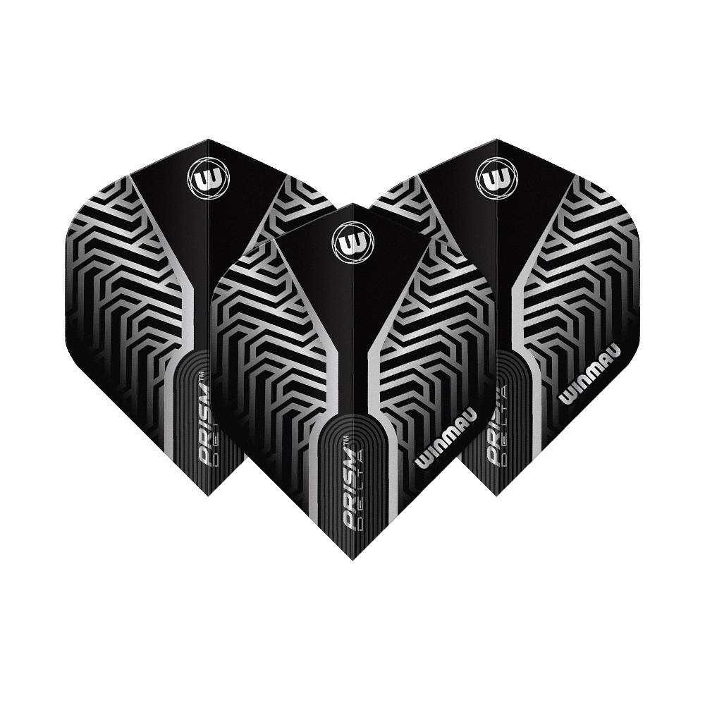 Winmau Prism Delta Silver No2 Standaardvluchten Dieses Bild zeigt Winmau Prism Delta Silver No2 Standard Flights. Silberne und schwarze Dart-Flights sind dargestellt.