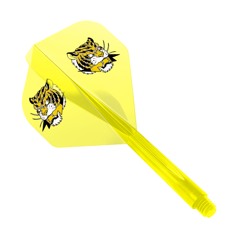 Condor AX Inazuma Tiger Mix Flight System Geel Helder - Standaard Das Bild zeigt einen gelben Dart-Flight mit zwei Tigerköpfen als Motiv. Das Produkt ist das "Condor AXE Inazuma Tiger Mix Flight-System Yellow Clear - Standard".