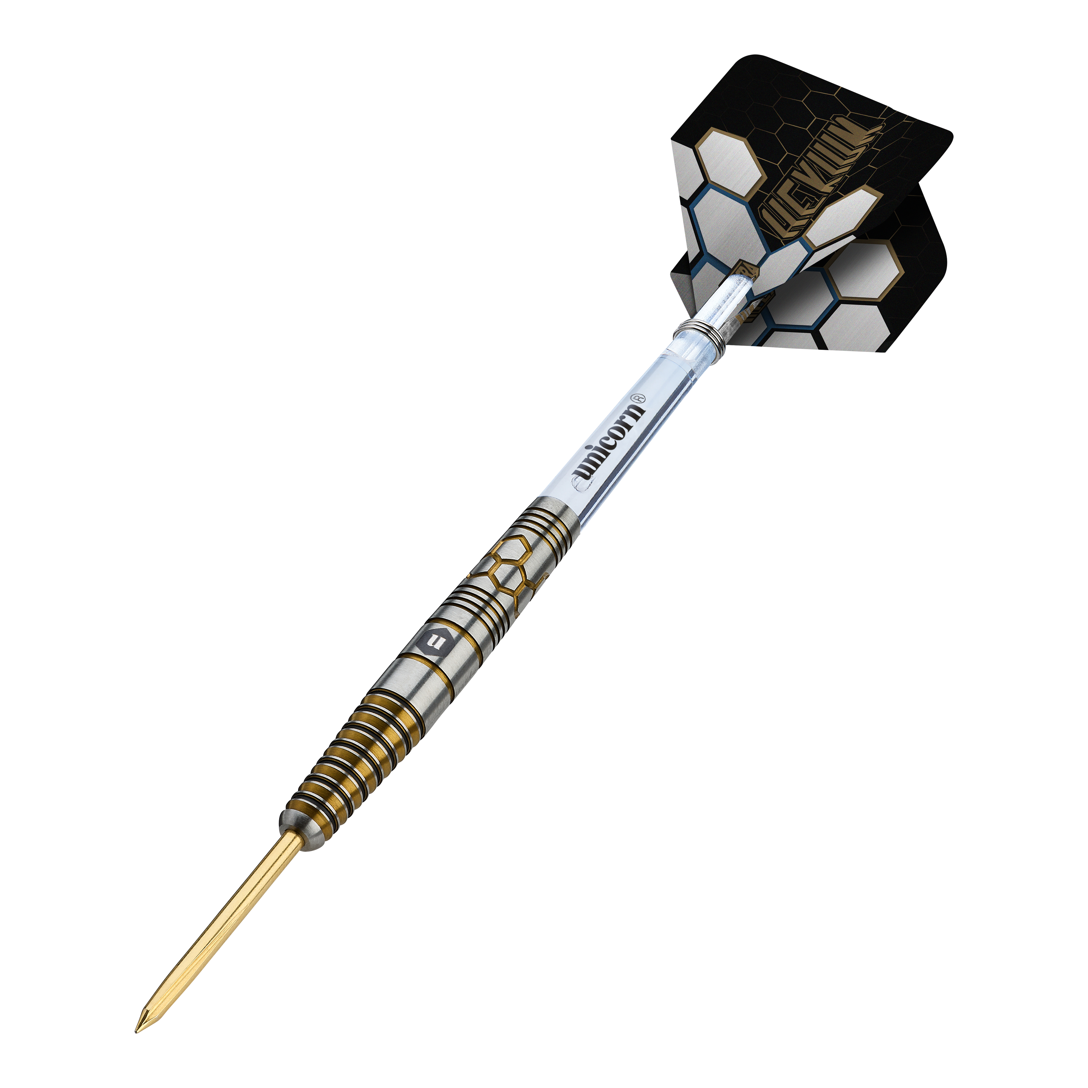 Unicorn Hexium Style 03 Goud & Zwart Steeldarts Unicorn Hexium Style 03 Gold & Black Steeldarts sind auf diesem Bild zu sehen. Das Design kombiniert schwarze und goldene Elemente auf den Steeldarts.