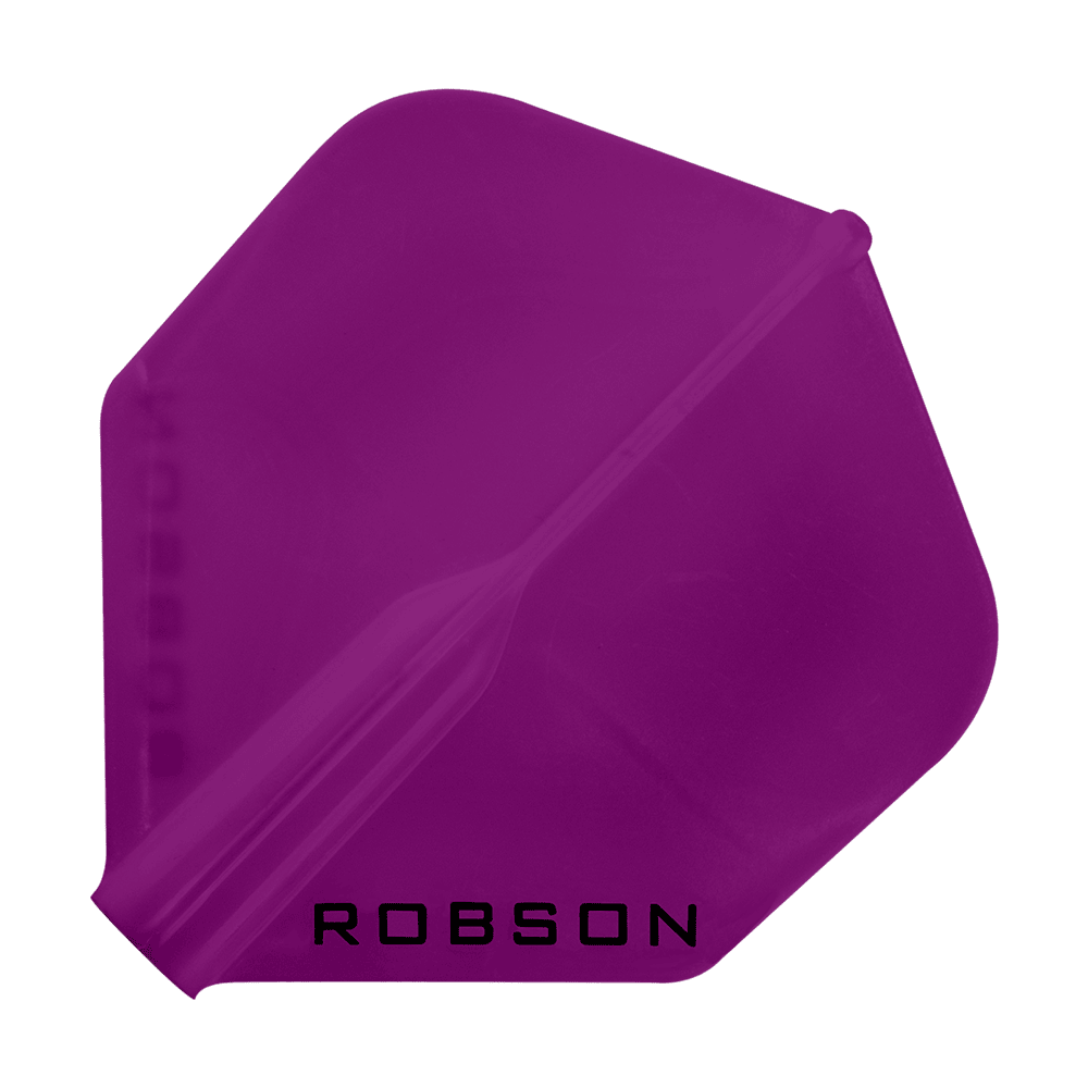 Robson Plus Standard Flights Das Bild zeigt ein violettes Dartflugblatt in Standardform. Unten auf dem Flugblatt steht das Wort "ROBSON".