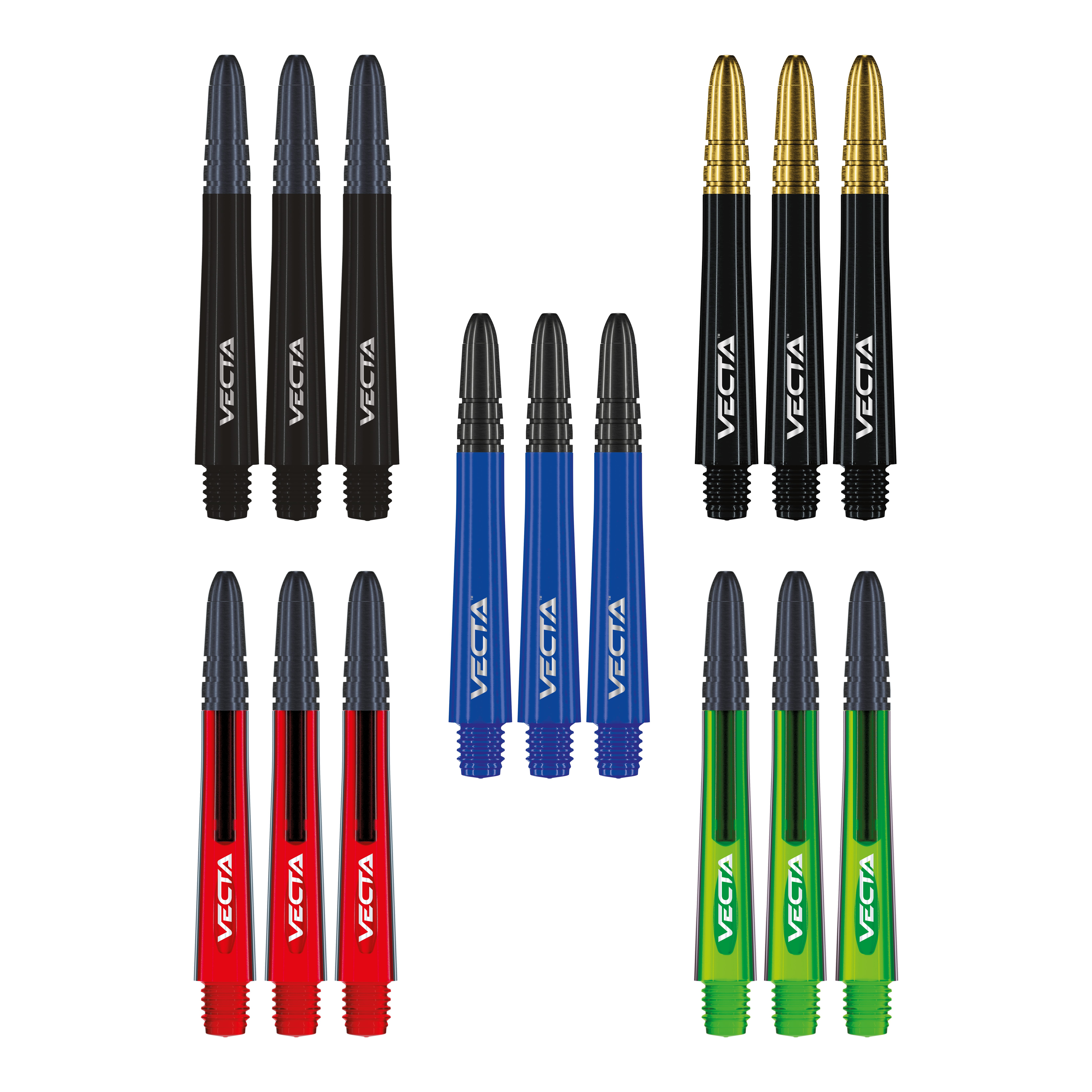 Winmau Vecta Shaft Collectie Das Foto zeigt die Winmau Vecta Shaft Collection. Die Sammlung umfasst verschiedene Dartschäfte.