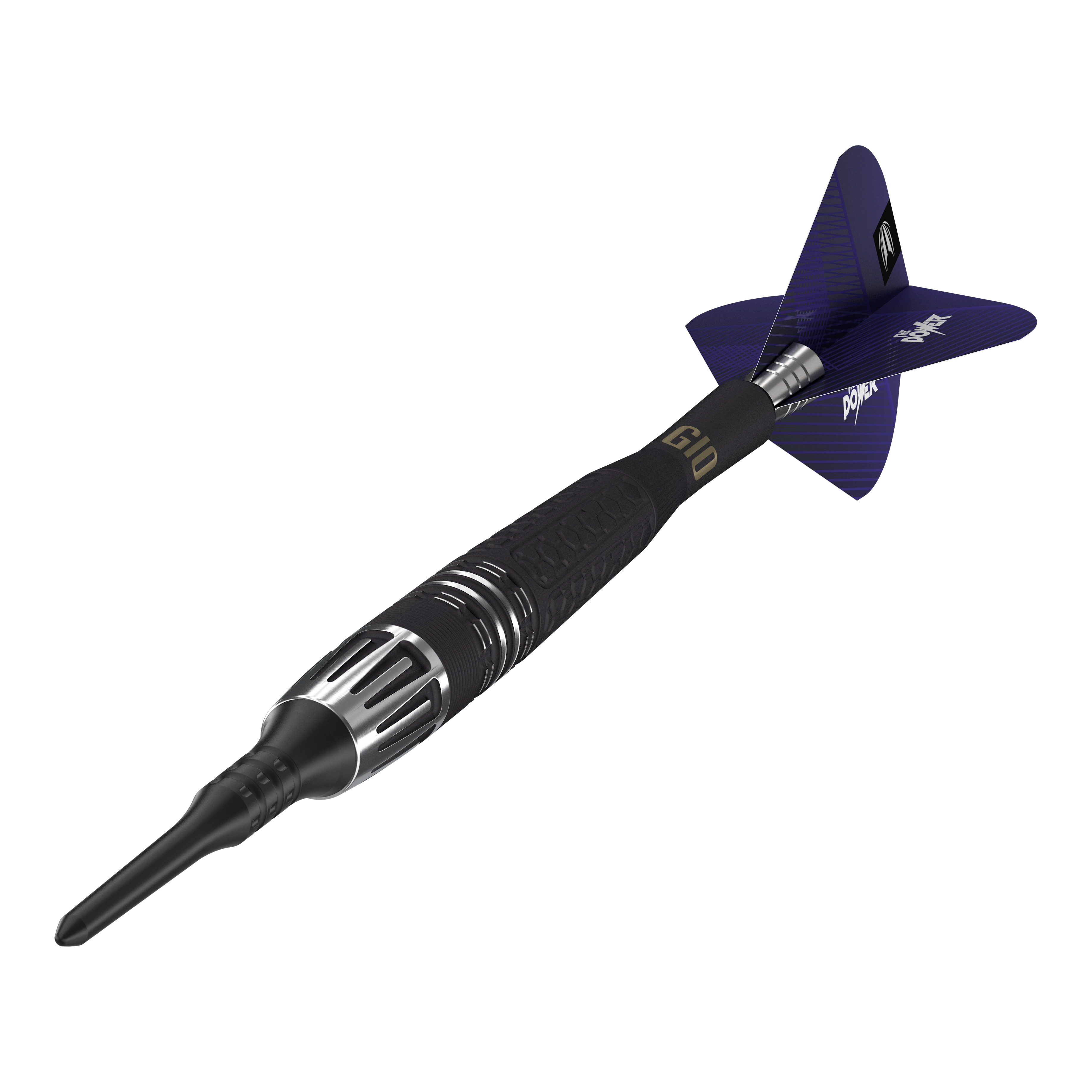 Target Phil Taylor Power 9Five GEN10 zachte darts Auf dem Bild ist ein Target Phil Taylor Power 9Five GEN10 Softdart zu sehen. Der Dartpfeil hat ein modernes Design mit schwarzen und silbernen Details sowie blauen Flights.