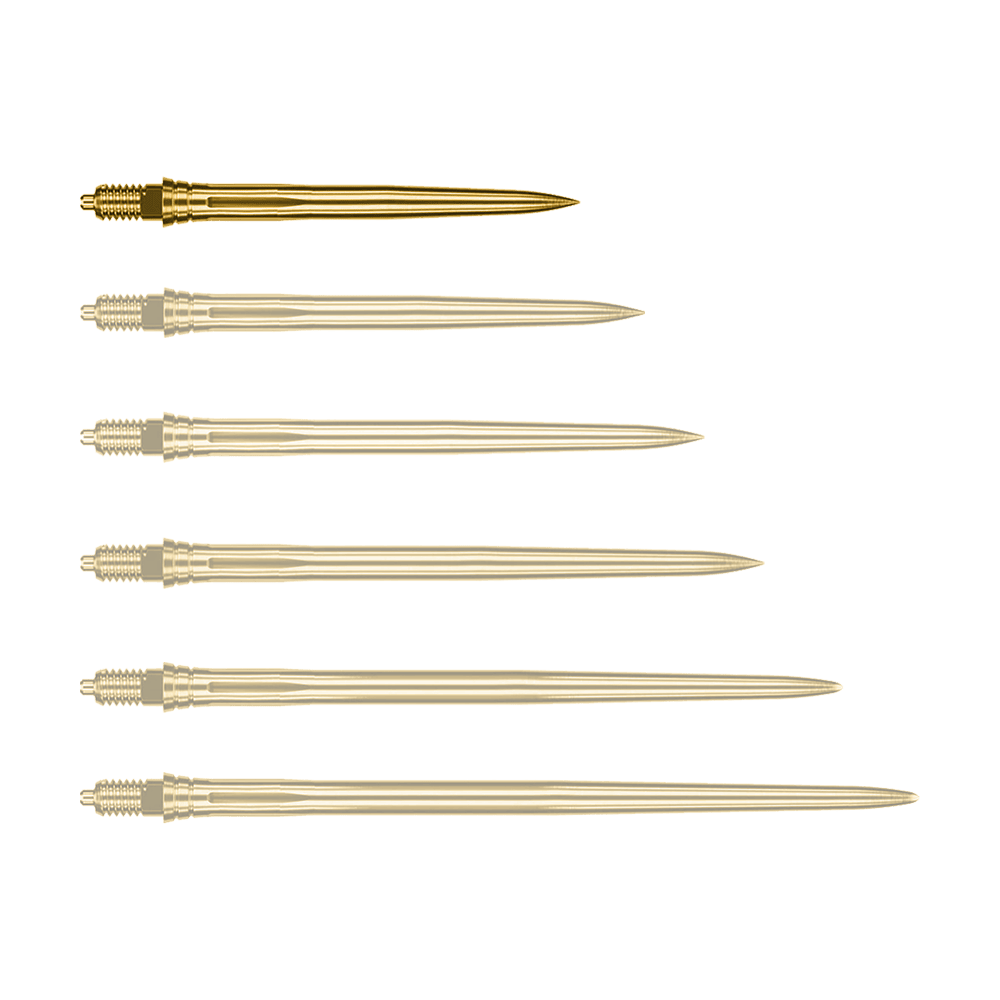 Caliburn EZ-EVO dartpunten - Glad - Goud Auf dem Bild ist eine einzelne goldene Dartspitze zu sehen, vermutlich 28mm lang. Es handelt sich um eine Caliburn EZ-EVO Dartspitze der Variante Smooth.