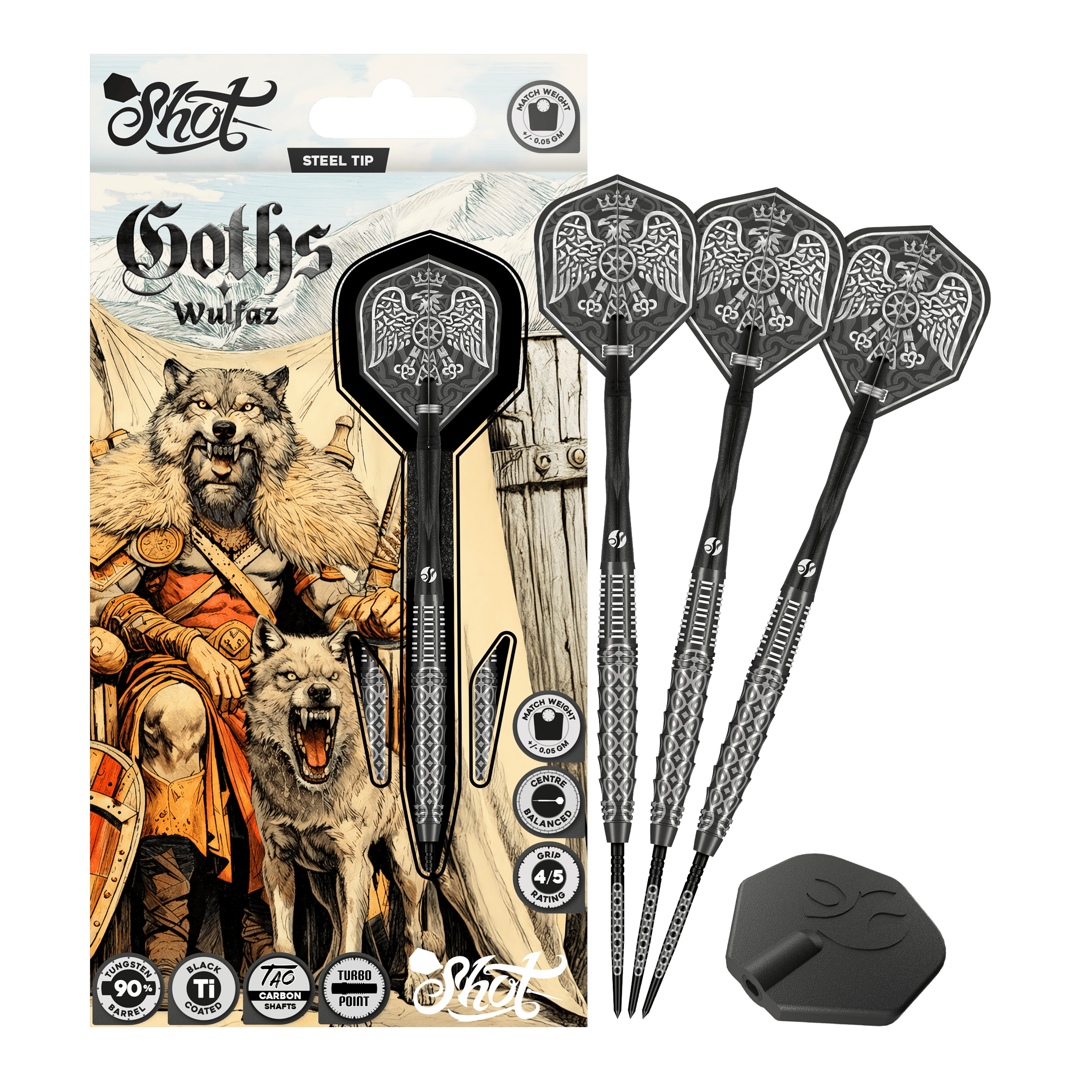 Shot Goths Wulfaz Turbo Point stalen dartpijlen - 23 g Auf diesem Bild sieht man die Shot Goths Wulfaz Turbo Point Steeldarts - 23g in voller Ansicht. Das Design ist auffällig und für Dart-Fans interessant.