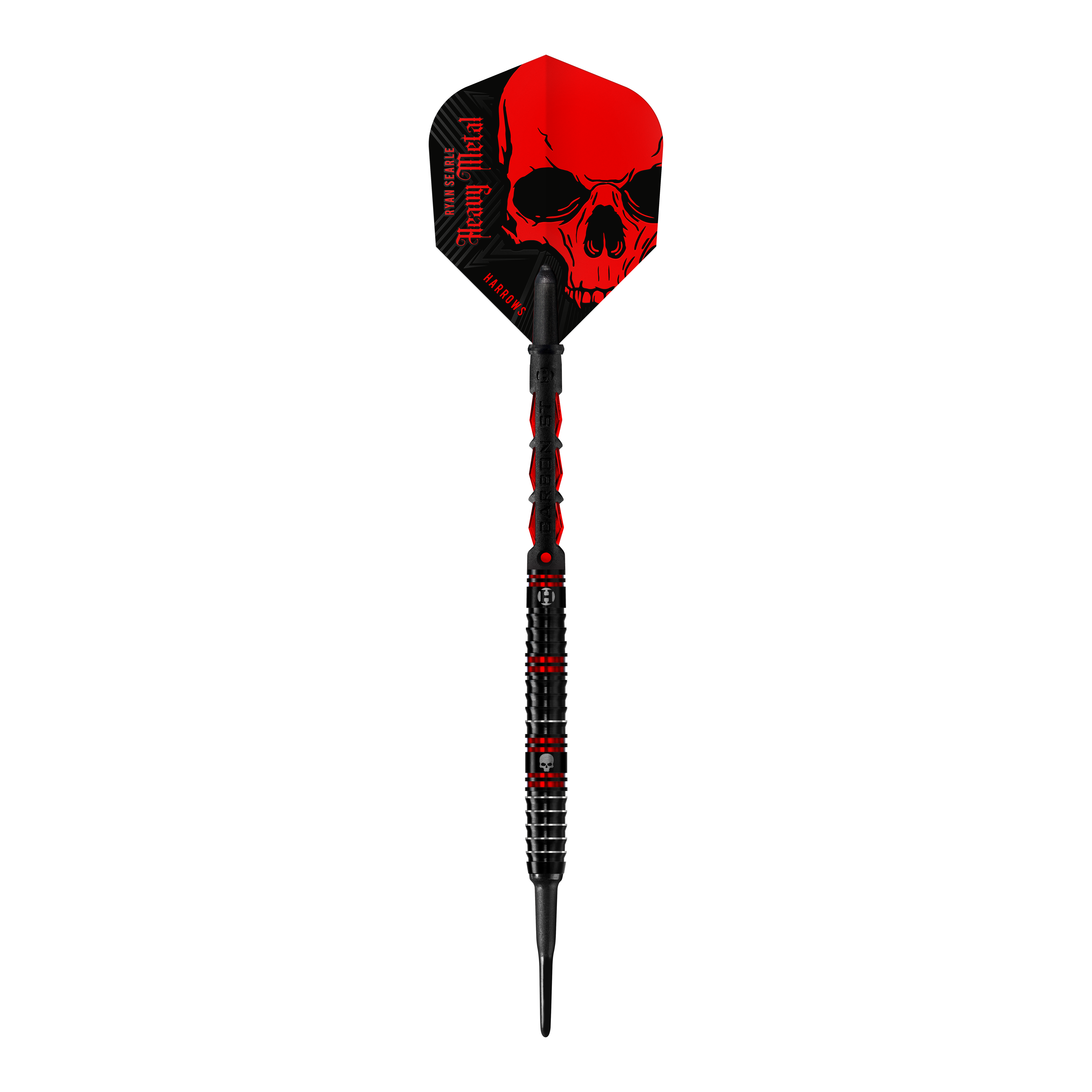 Ryan Searle van Harrow Heavy Metal Soft Darts Der abgebildete Dartpfeil ist der „Harrows Ryan Searle Heavy Metal Softdart“. Er hat ein auffälliges schwarzes Design mit roten Elementen und einem Totenkopf auf dem Flight.
