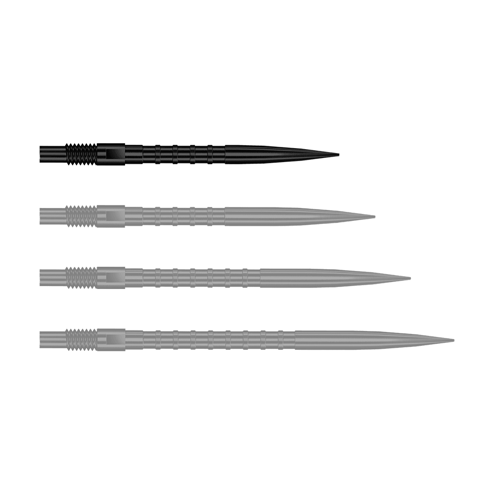 Harrows Quick Point Heavy Metal Dart Tips - Zwart Das Bild stellt QP33164 Harrows Quick Point HeavyMetalGrip Dartspitzen Schwarz 26mm dar. Diese Dartspitzen sind schwarz und besitzen einen starken Metallgriff.