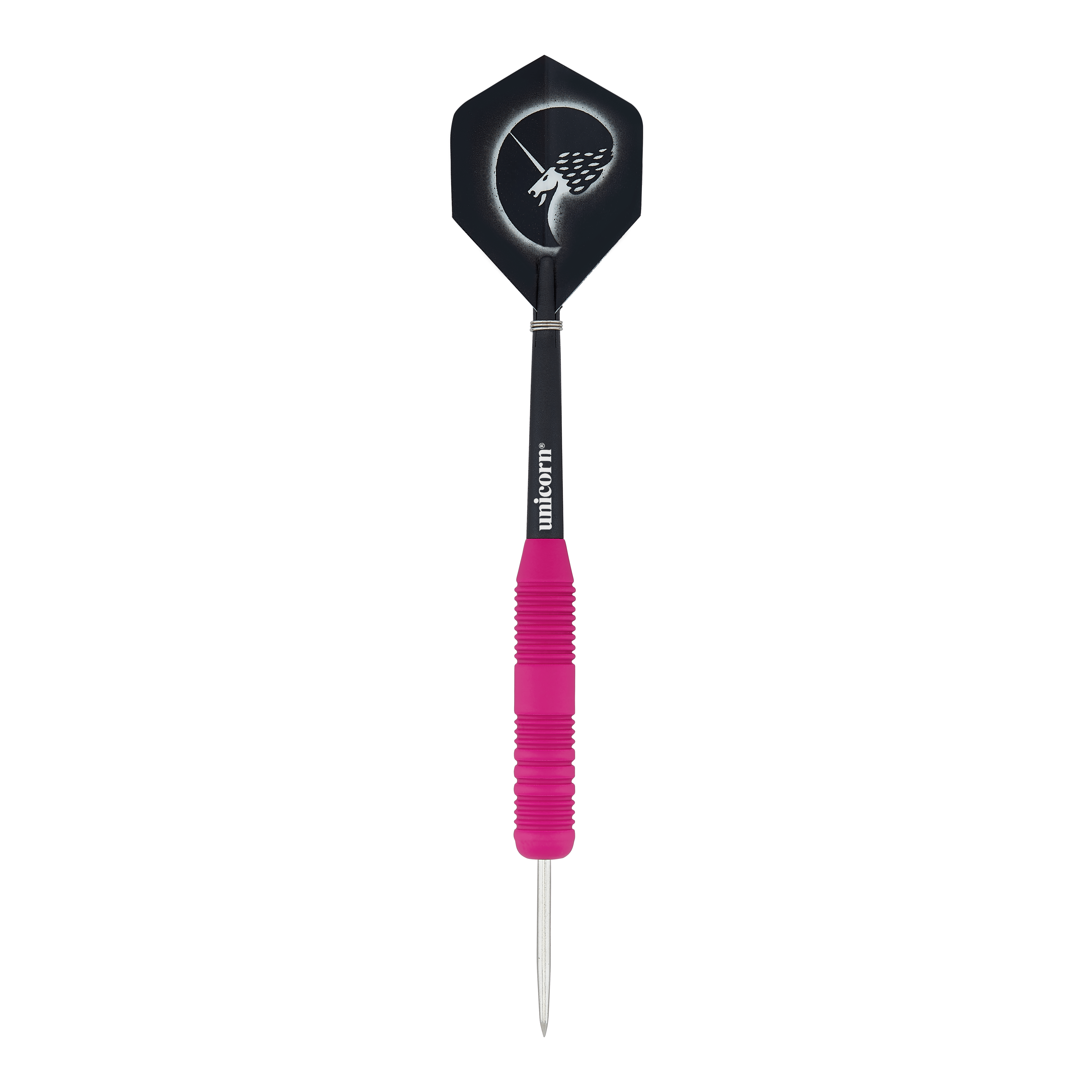Unicorn Core Plus rubberen roze stalen darts Dies ist ein Steeldart mit einer pinken, gummierten Griffzone. Das Flight zeigt ein Einhorn-Design auf schwarzem Hintergrund.