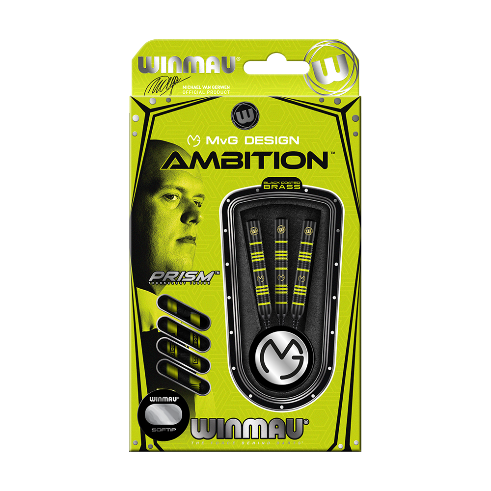 2237_Winmau_Michael_Van_Gerwen_MvG_Ambition_Softdarts_3 Die Abbildung zeigt das Produkt "Winmau Michael Van Gerwen MvG Ambition Softdarts - 20 g" in einer gelben Verpackung. In der Packung sind drei Softdarts zu sehen, daneben ist ein Porträt von Michael Van Gerwen abgedruckt.