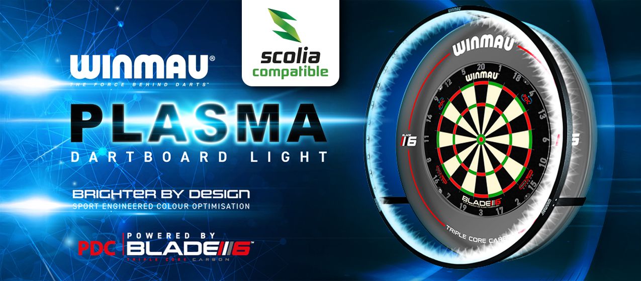 Das Bild zeigt das Scolia LP WinmauPlasma Banner. Es handelt sich um eine werbliche Darstellung für Dart-Zubehör.
