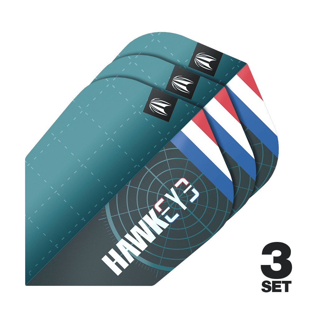 Das Bild zeigt drei Sätze von Target Pro Ultra Kevin Doets GEN1 No6 Flights. Die Flights sind überwiegend blau mit einem weißen und roten Streifen und dem Schriftzug "HAWK" darauf.