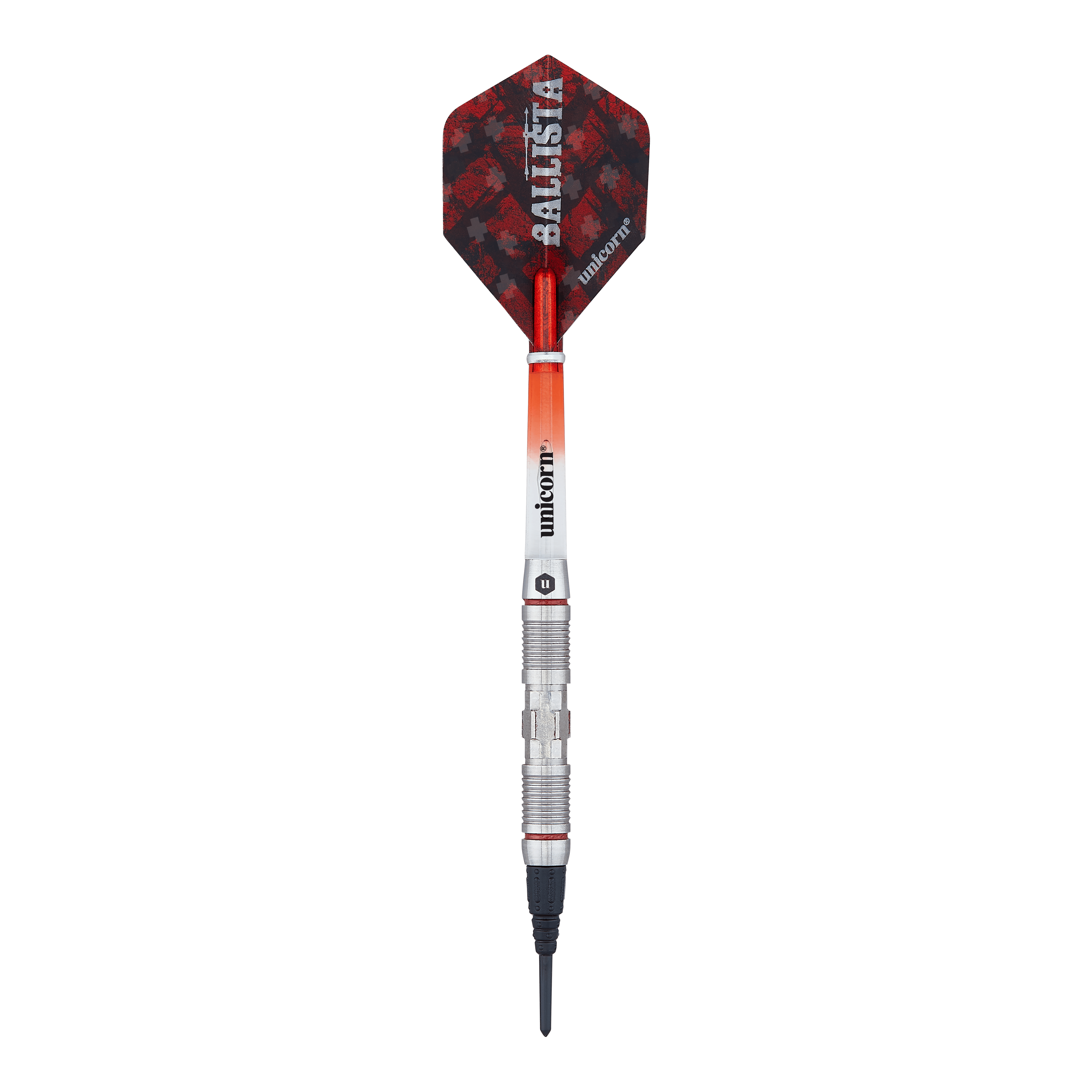 Unicorn Ballista Style 2 zachte darts Das Bild zeigt einen Softdart aus der Produktreihe "Unicorn Ballista Style 2". Der Dart hat eine rot-schwarze Flight und einen silbernen, strukturierten Schaft.