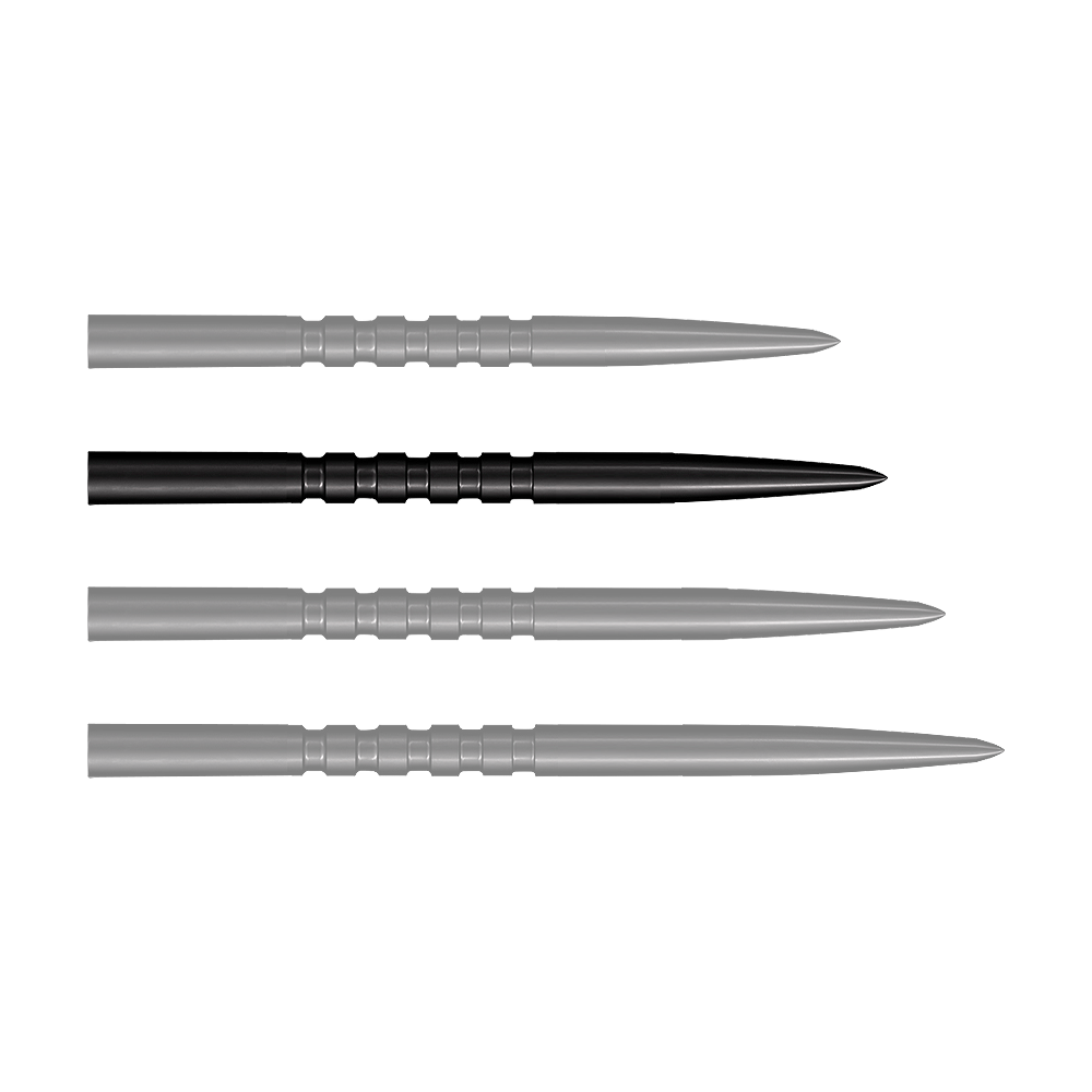Zu sehen sind schwarze Steeldartspitzen. Dies ist das Modell Grip Point in 35 mm Länge.