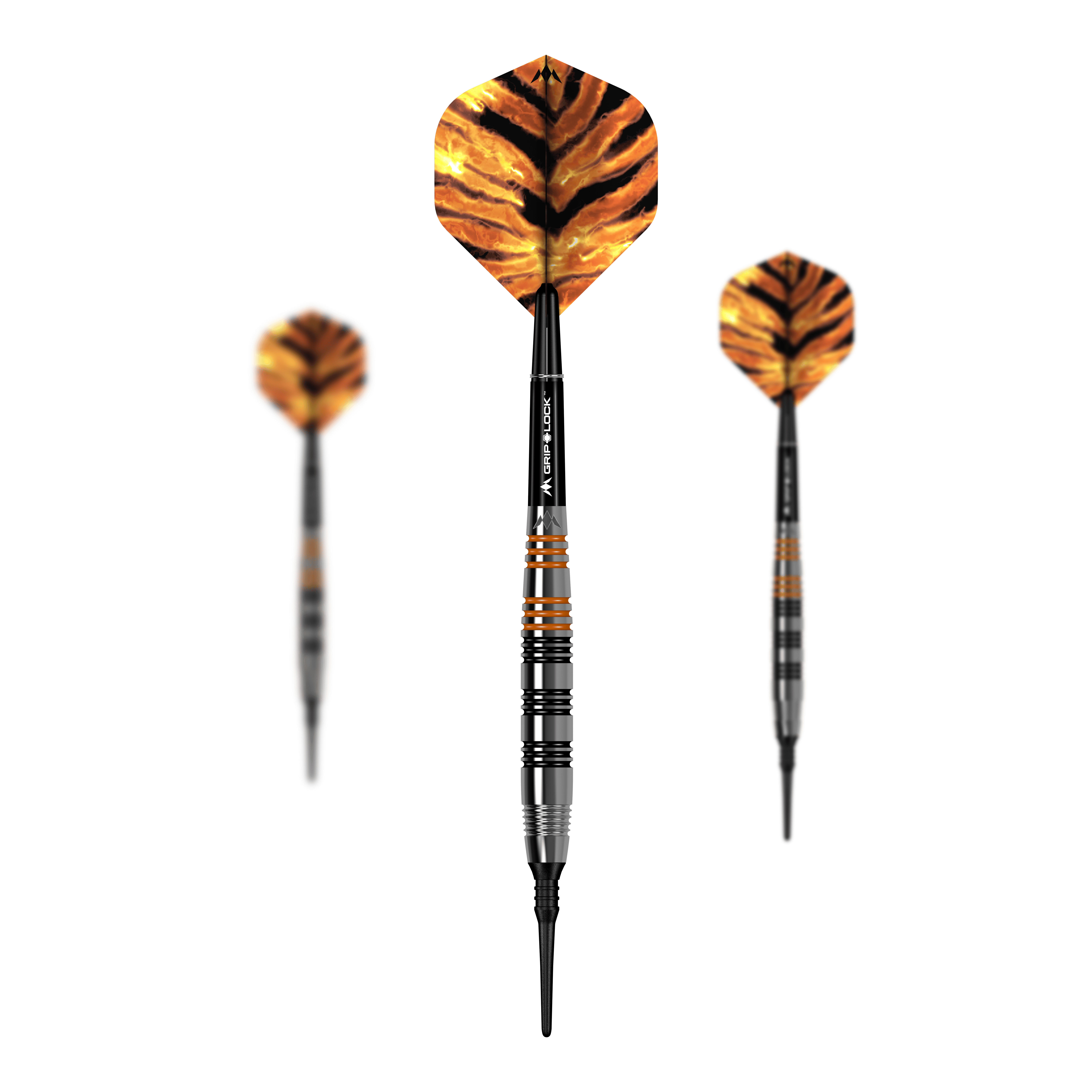 Mission Javan Brass Soft Darts - 18g Das Bild zeigt drei Softdarts des Modells "Mission Javan Brass Softdarts - 18g". Die Flights haben ein auffälliges Tigerstreifen-Design in Orange und Schwarz.