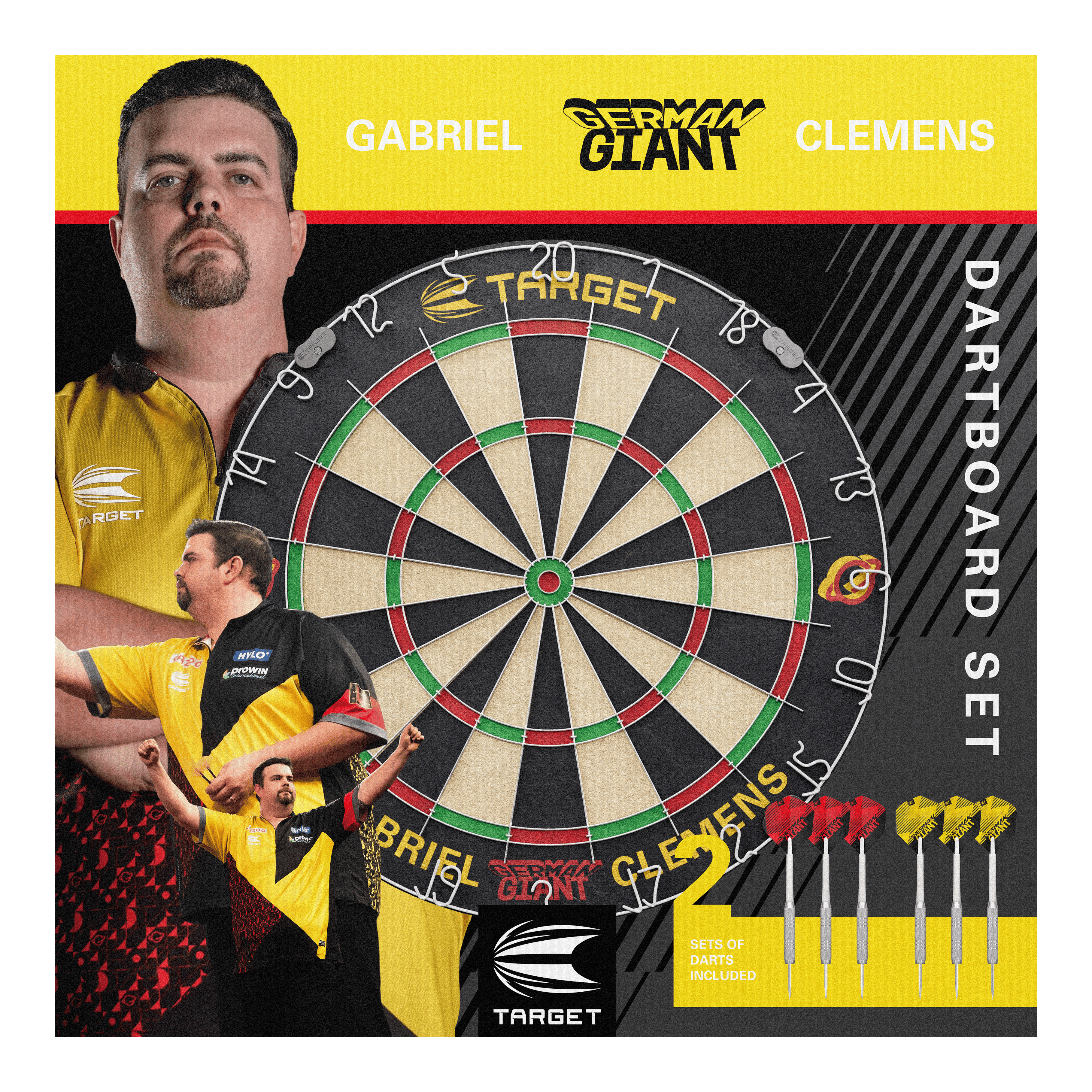 Target Gabriel Clemens stalen dartbordset Das Bild zeigt das "Target Gabriel Clemens Steeldartboard Set" mit einem großen Dartboard in der Mitte. Rechts unten sind zwei Sets von Darts abgebildet, und im Hintergrund sieht man Bilder von Gabriel Clemens.