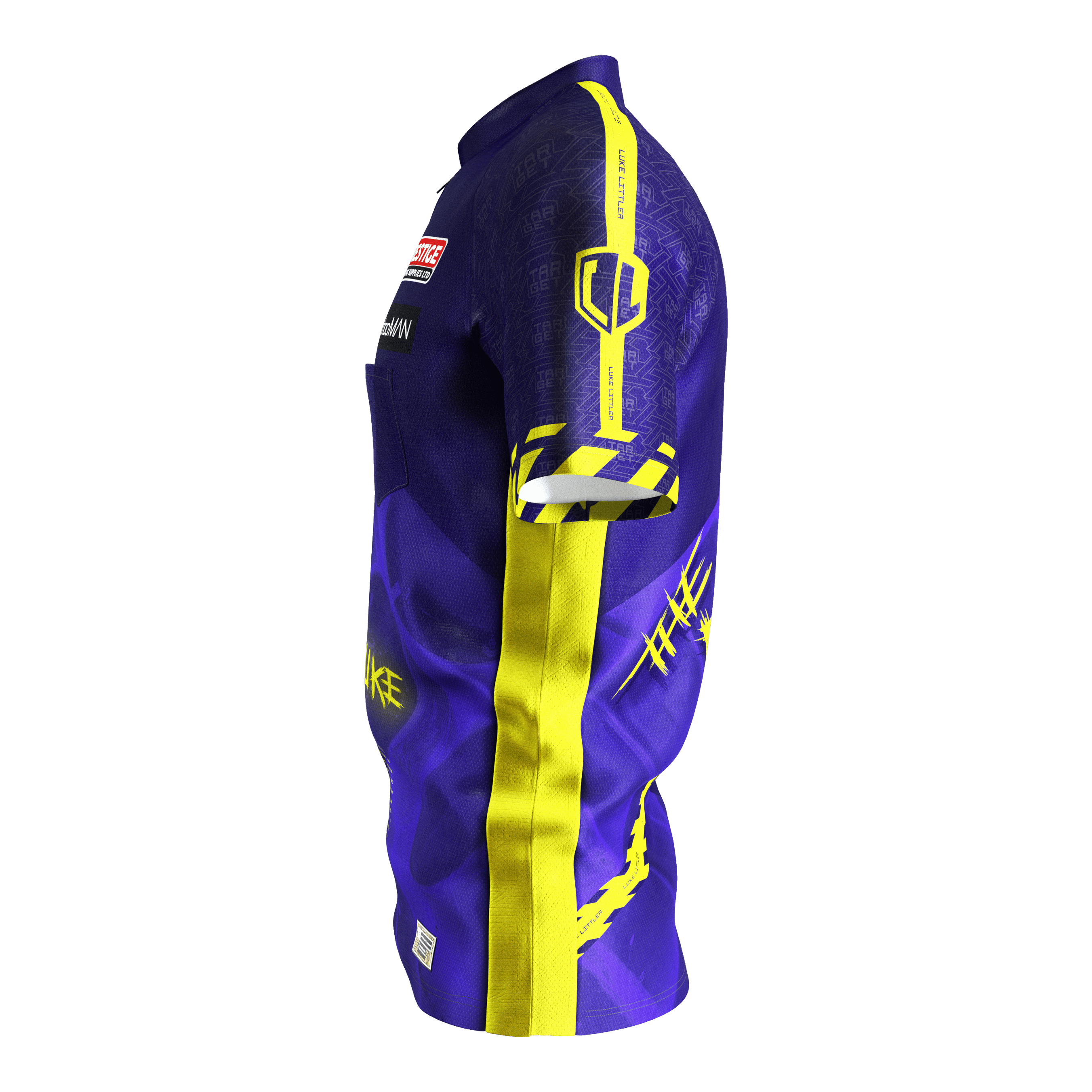 Target Coolplay Luke Littler 2025 dartshirt Das Bild zeigt ein Dartshirt in lila und gelb mit auffälligem Design. Auf dem Ärmel steht "LUKE LITTLER" und es sind verschiedene grafische Elemente abgebildet.