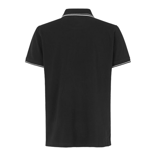 Vaten en schachten poloshirt - zwart Das Bild zeigt ein schwarzes Poloshirt mit kurzen Ärmeln. Am Kragen und an den Ärmeln sind weiße Zierstreifen sichtbar.