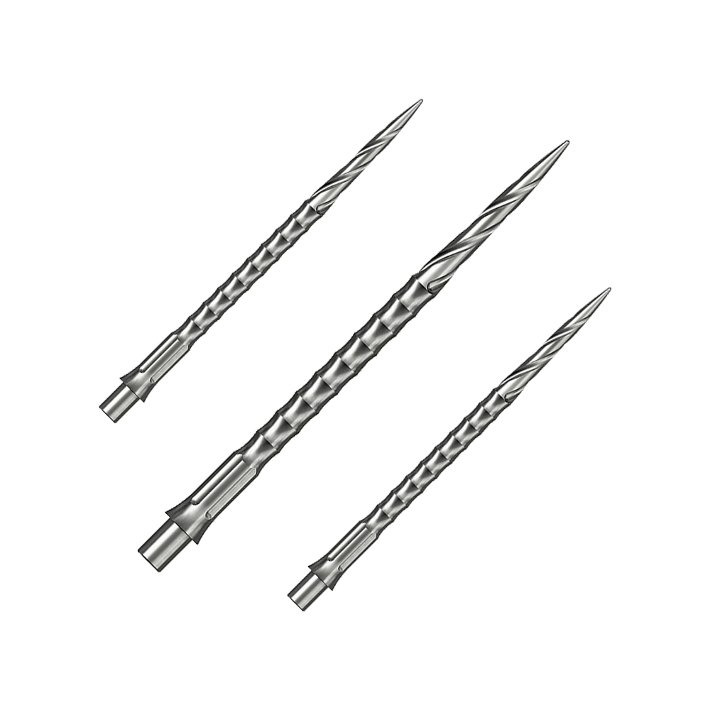 Caliburn System stalen dartpunten - Spiro - NoLip - zilver Dieses Bild zeigt ein Set von silbernen Steeldartspitzen des Caliburn Evo Systems. Das Spiro NoLip Design ist erkennbar, die Spitzen sind 40 mm lang.