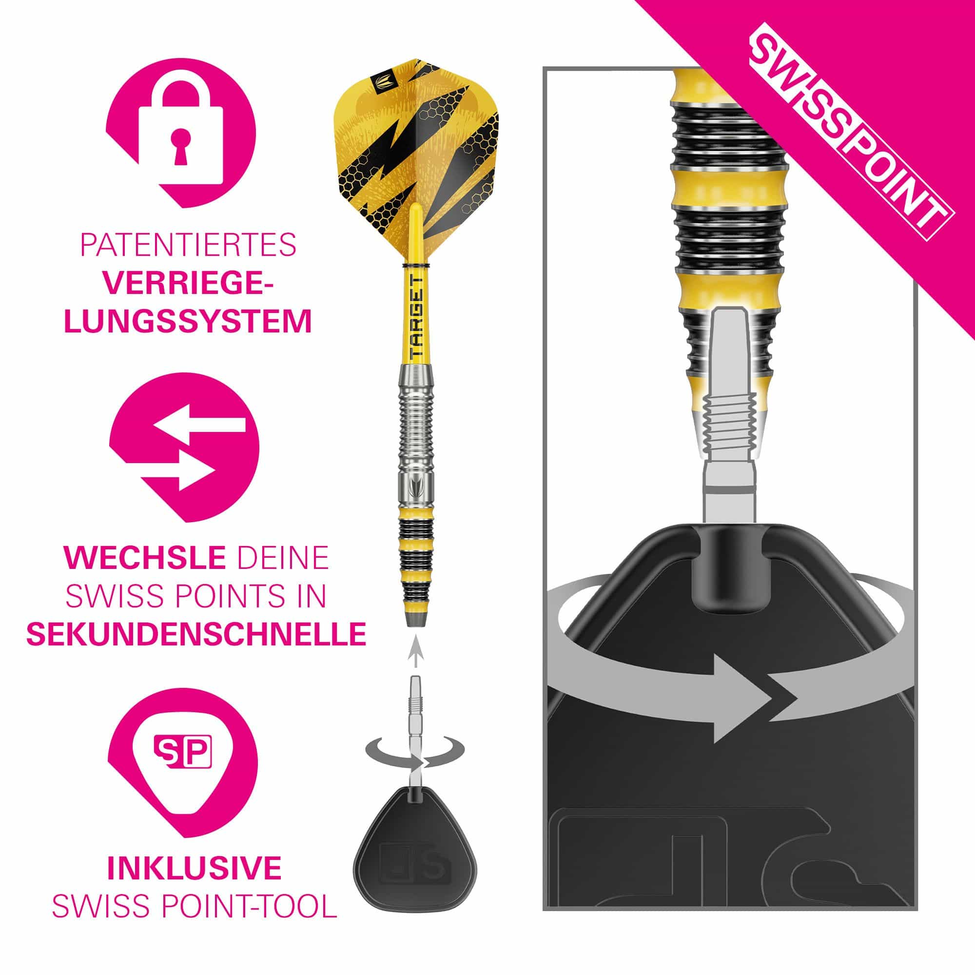 Target Buzz 03 Swiss Points stalen dartpijlen Dies ist ein Bild von Target Buzz 03 Swiss Points Steeldarts. Die Darts sind speziell für Präzision und Leistung entwickelt.