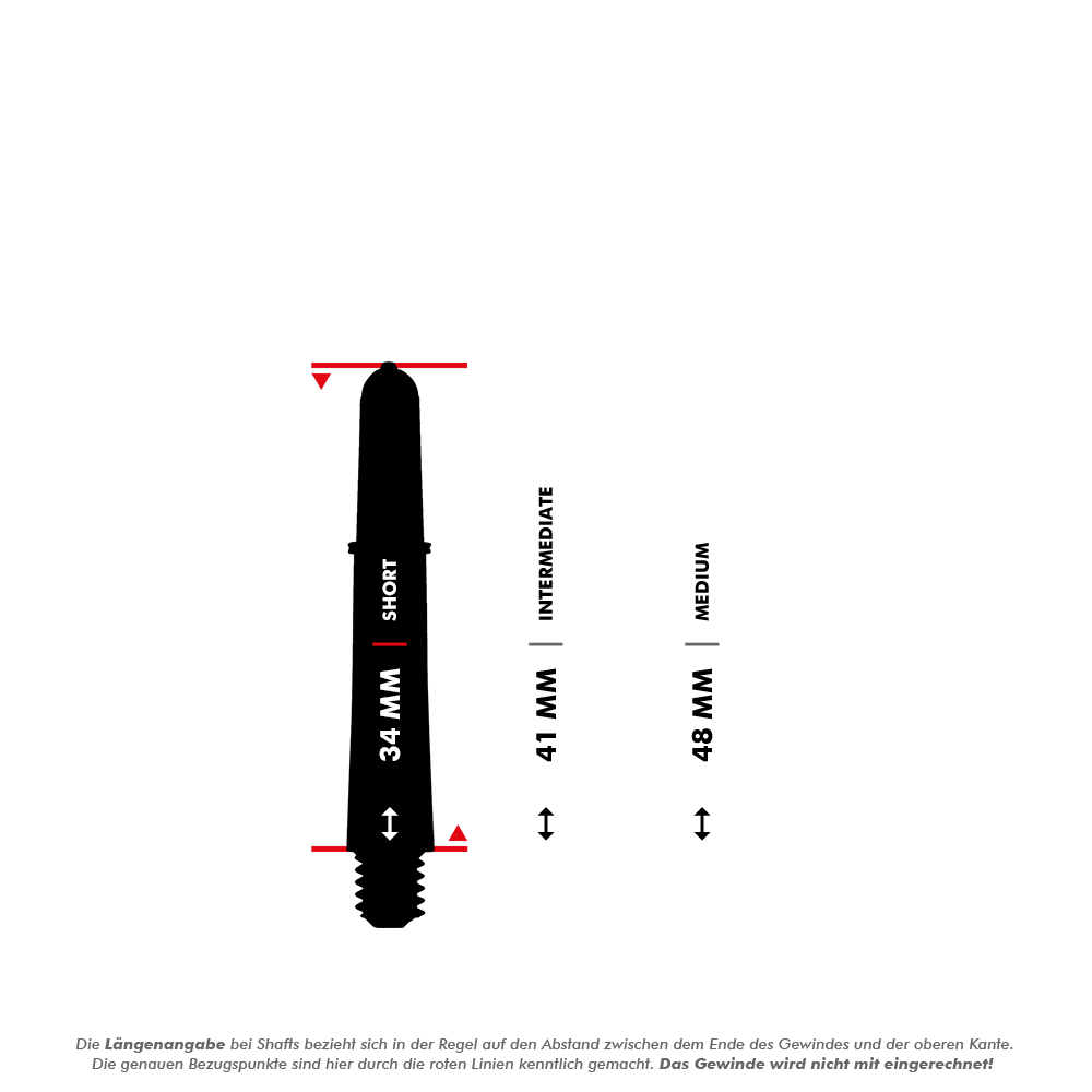 Target Pro Grip Vision Shafts - 3 sets - Geel Das Bild zeigt einen kurzen Target Pro Grip Vision Shaft mit einer Länge von 34 mm. Rechts daneben sind die Größen "Intermediate" (41 mm) und "Medium" (48 mm) als Vergleich dargestellt.