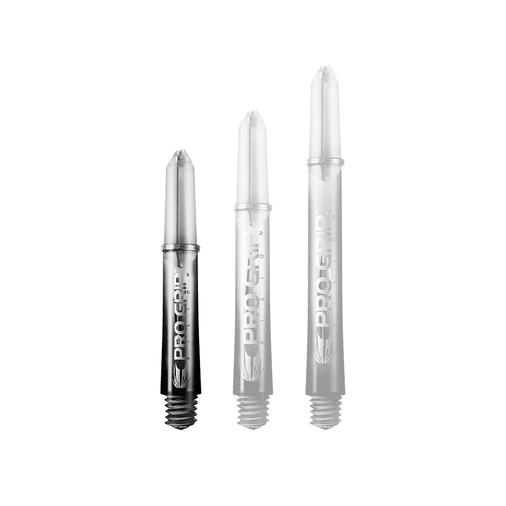 Target Pro Grip Vision Shafts - 3 sets - Zwart Auf dem Bild sind drei schwarze Dartschäfte in unterschiedlicher Länge zu sehen. Auf jedem Schaft steht der Schriftzug „PRO GRIP“.