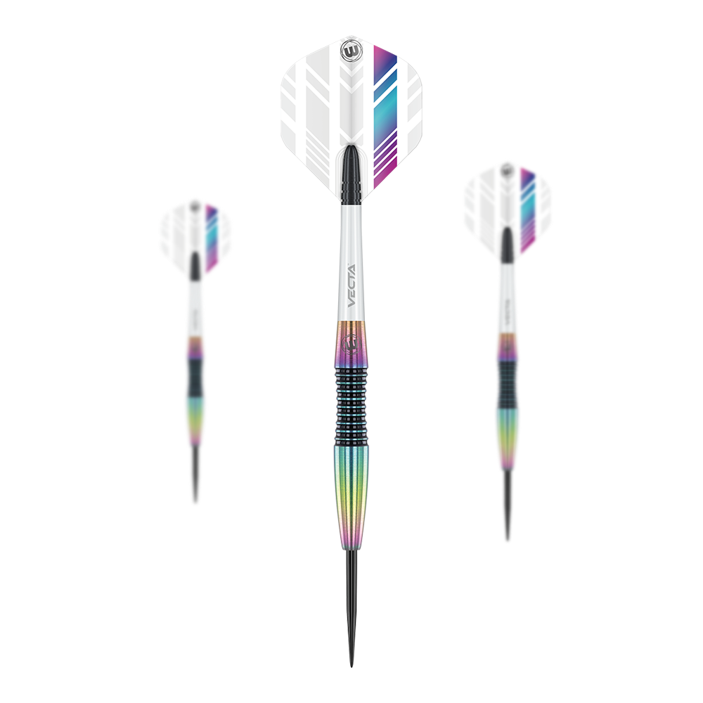 Winmau Elektra stalen dartpijlen Das Bild zeigt drei Winmau Elektra Steeldarts mit weißen Flights und bunten, metallischen Schäften. Die Darts sind modern gestaltet und haben schwarze Spitzen.