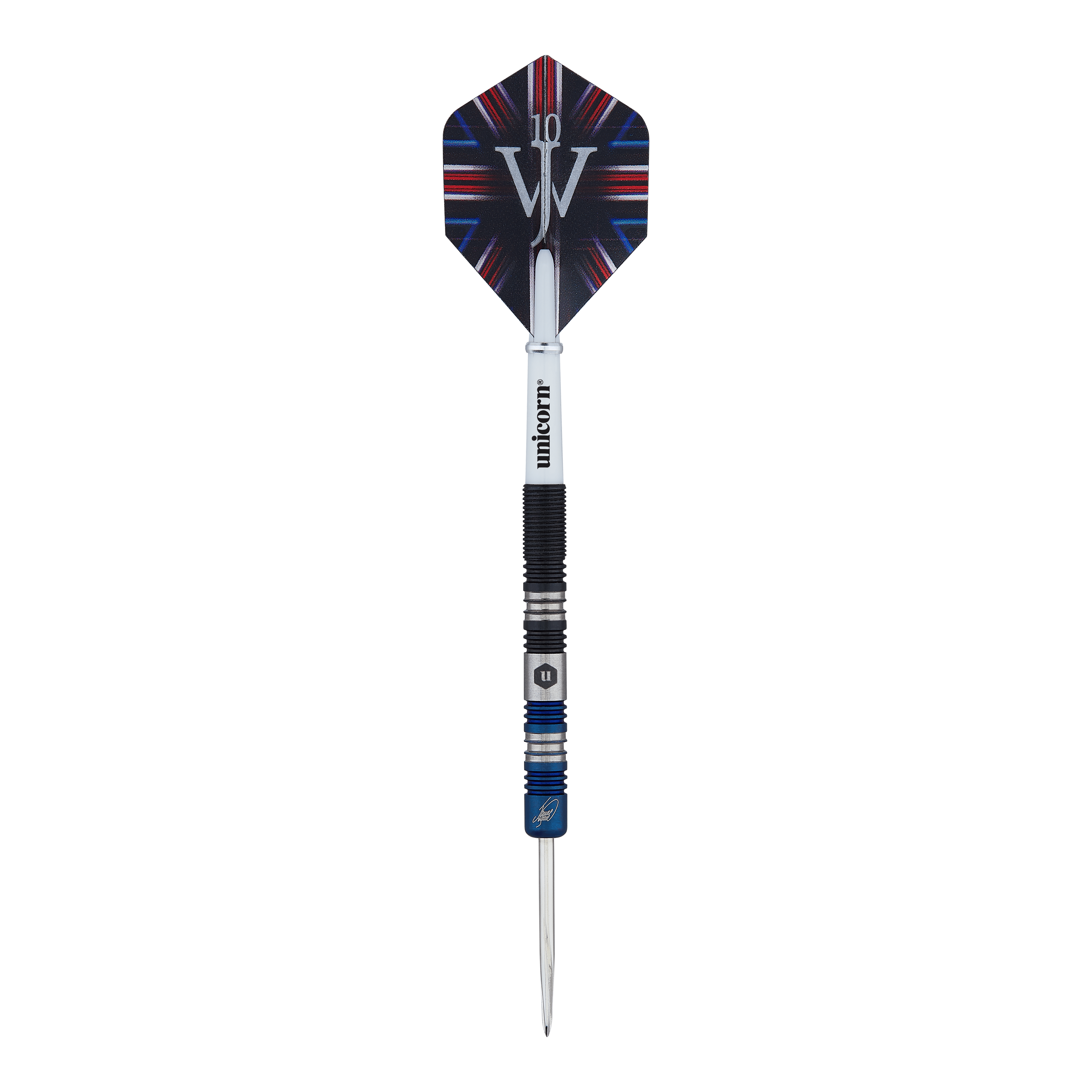 Unicorn The Machine James Wade Two-Tone Steel Darts Das Bild zeigt einen Steeldart der Marke "Unicorn The Machine James Wade Two-Tone". Der Dart hat ein schwarz-blaues Design und ein Flight mit einem auffälligen Muster.