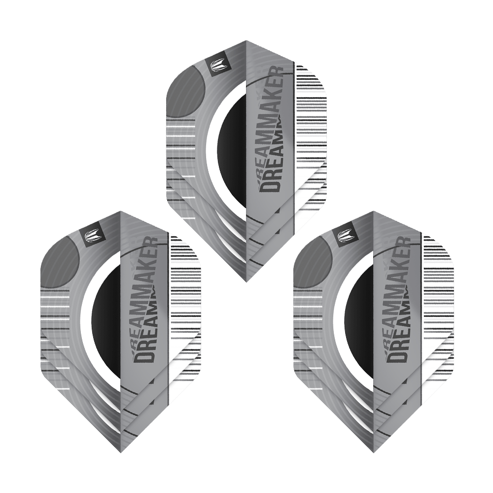 Target Pro Ultra Dimitri Van Den Bergh X Echo No2 Standaardvluchten - 3 sets Das Bild zeigt drei Sätze der Target Pro Ultra Dimitri Van Den Bergh X Echo No2 Standard Flights. Die Flights sind in Schwarz-, Grau- und Weißtönen gestaltet und tragen die Aufschrift "DREAMMAKER".