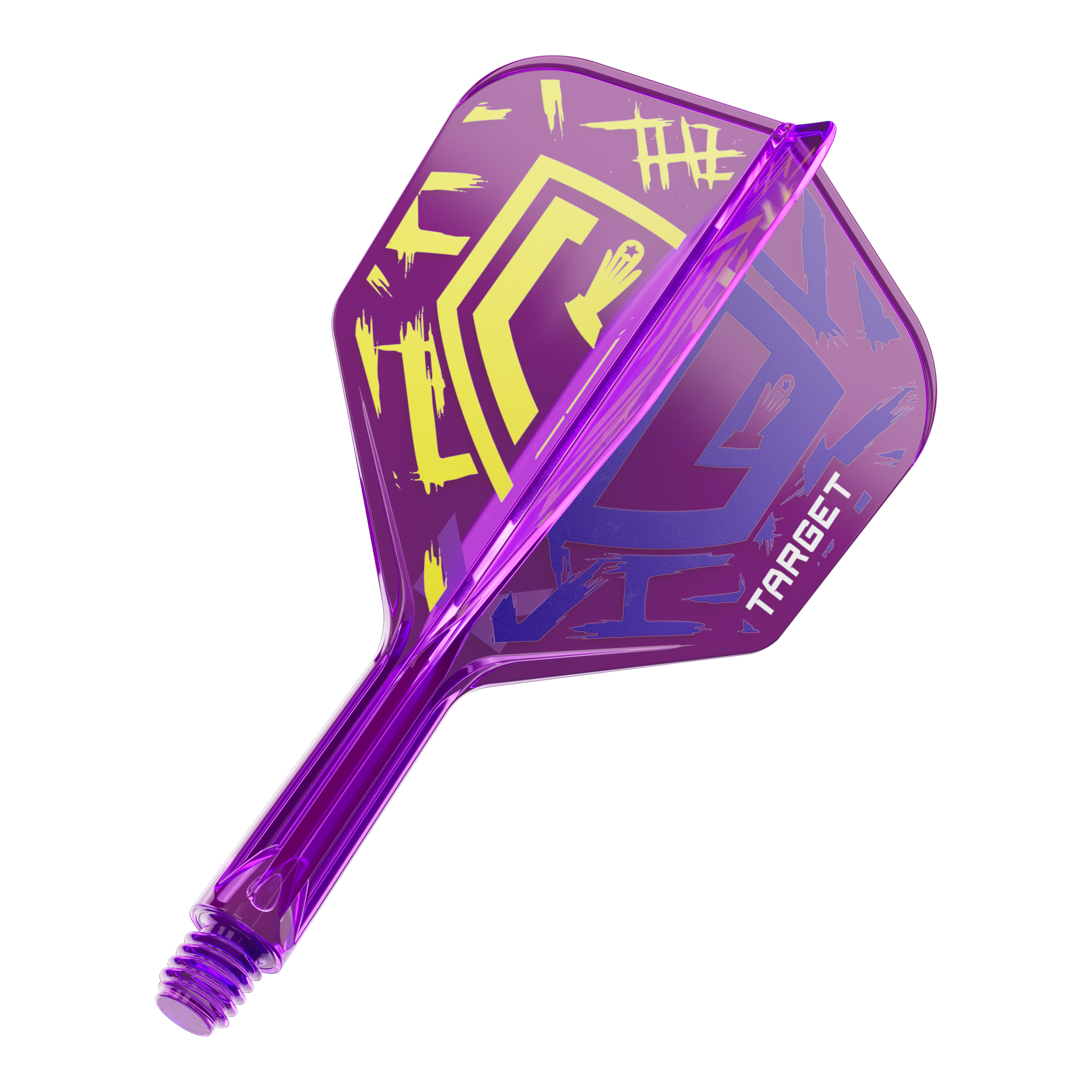 Target K-Flex Luke Littler Wereldkampioen 2025 No6 Vluchten Auf dem Bild ist ein lila Dartflight mit der Aufschrift "TARGET" zu sehen. Das Design enthält gelbe und blaue grafische Elemente auf dem Flight.