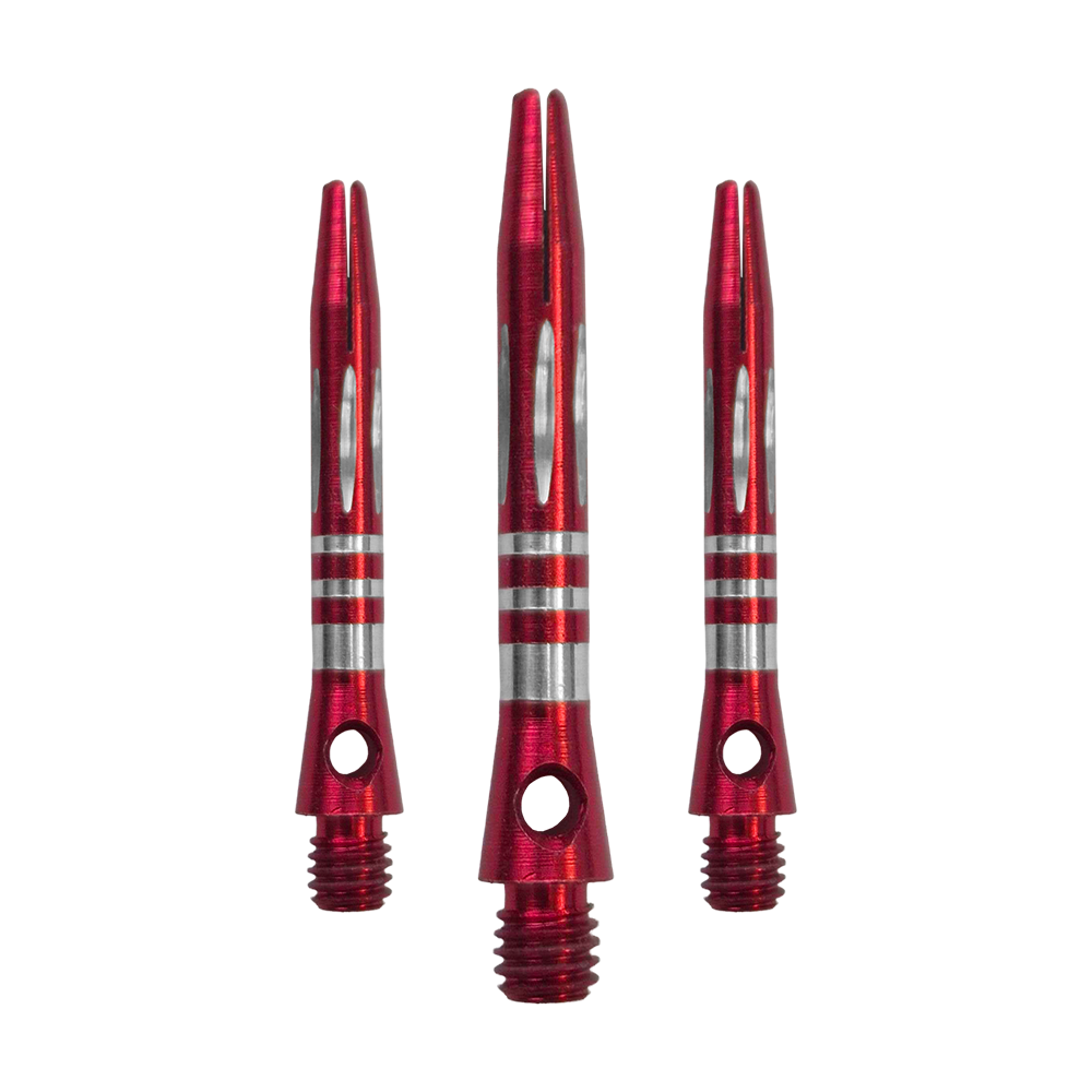 Diamantgeslepen aluminium schachten met ringen - Rood - 35 mm Das Bild zeigt ein Set der Ringed Diamond Cut Aluminium Shafts - Rot - 35 mm. Mehrere rote Aluminium-Dartschäfte liegen nebeneinander.