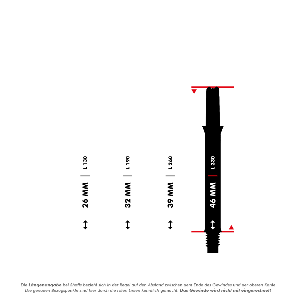 Das Bild zeigt vier unterschiedlich lange Dartschäfte mit Längenangaben in Millimetern (26 mm, 32 mm, 39 mm und 46 mm). Die Messpunkte für die Längen sind durch rote Linien markiert, und das Gewinde wird bei der Längenermittlung nicht mit einberechnet.