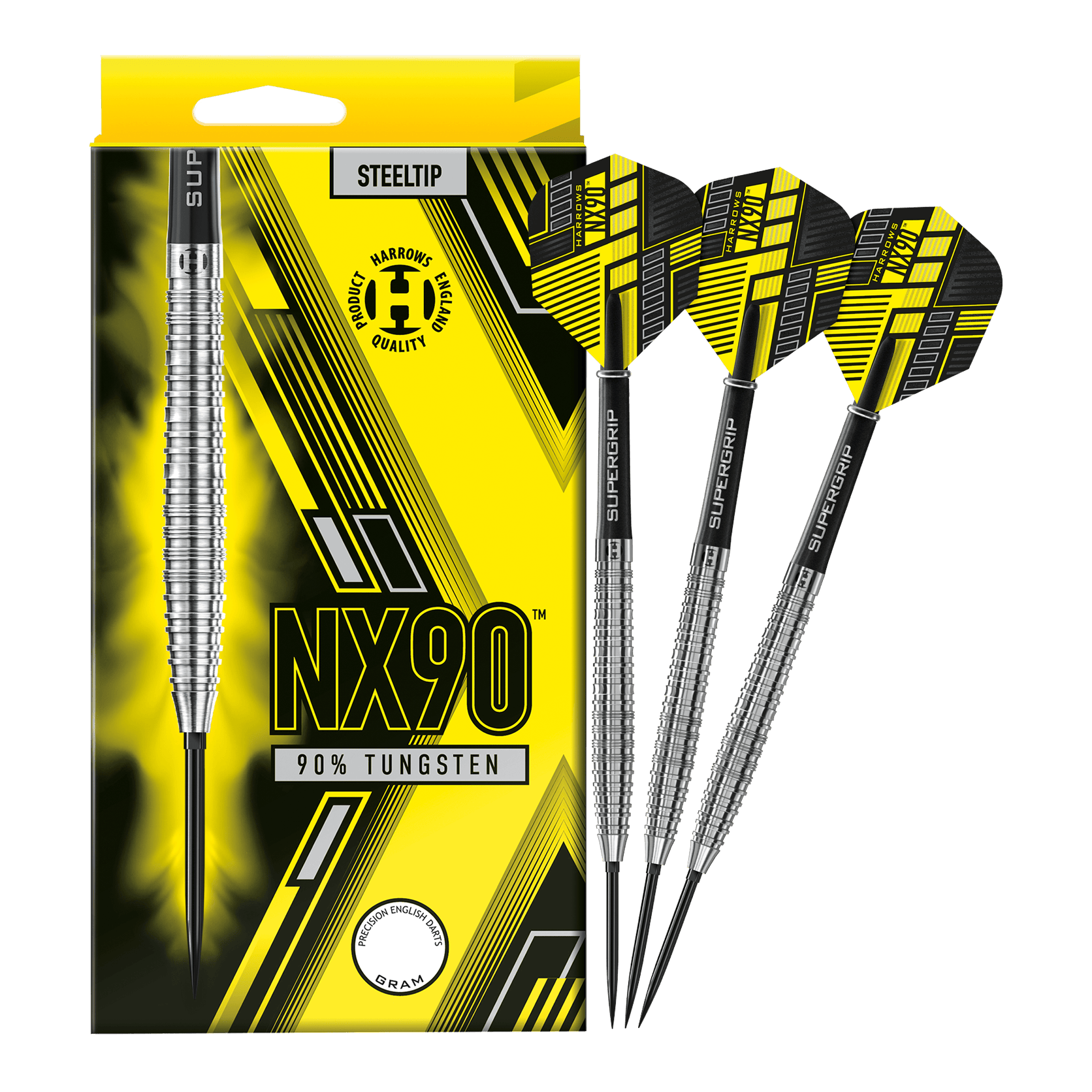 Harrows NX90 Taps Toelopende Quick Point Stalen Darts Das Bild zeigt die Harrows NX90 Tapered Quick Point Steeldarts in voller Ansicht. Die Steeldarts sind für Präzision und Qualität bekannt.