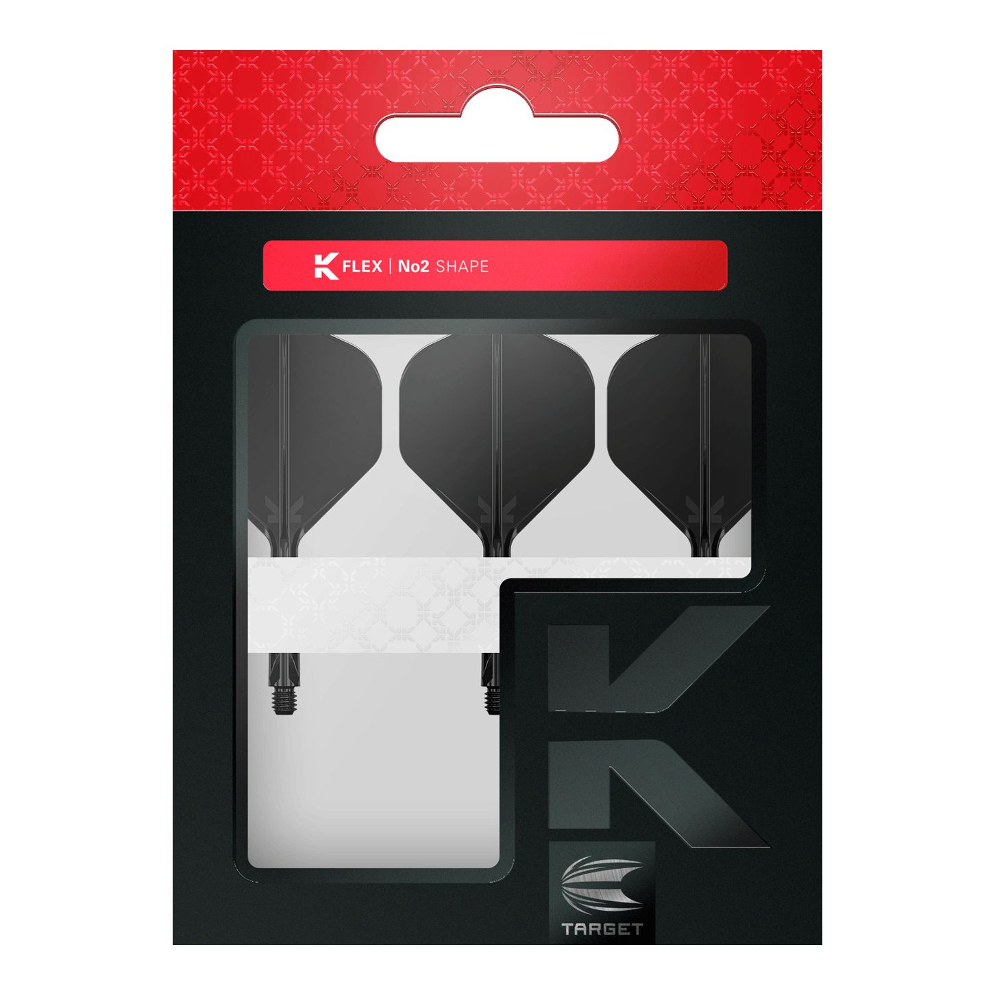 Target K-Flex No2 Standaard Vluchtsysteem - Zwart Die Abbildung zeigt eine Verpackung mit drei schwarzen Dartflights der Marke Target in No2-Form. Die Verpackung ist hauptsächlich schwarz mit einem roten oberen Bereich und einem Sichtfenster, das die Flights präsentiert.
