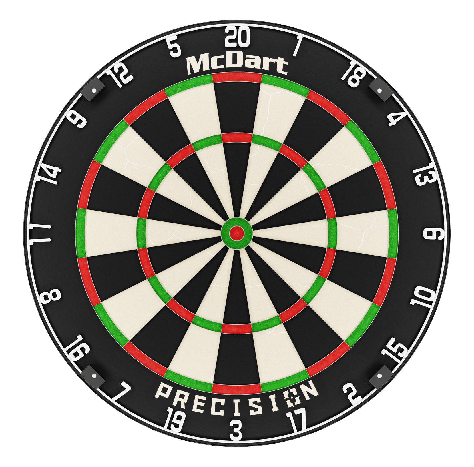 McDart Precision stalen dartbord McDart Precision Steeldartboard ist auf dem Bild zentral dargestellt. Die Dartsegmente sind schwarz und weiß.
