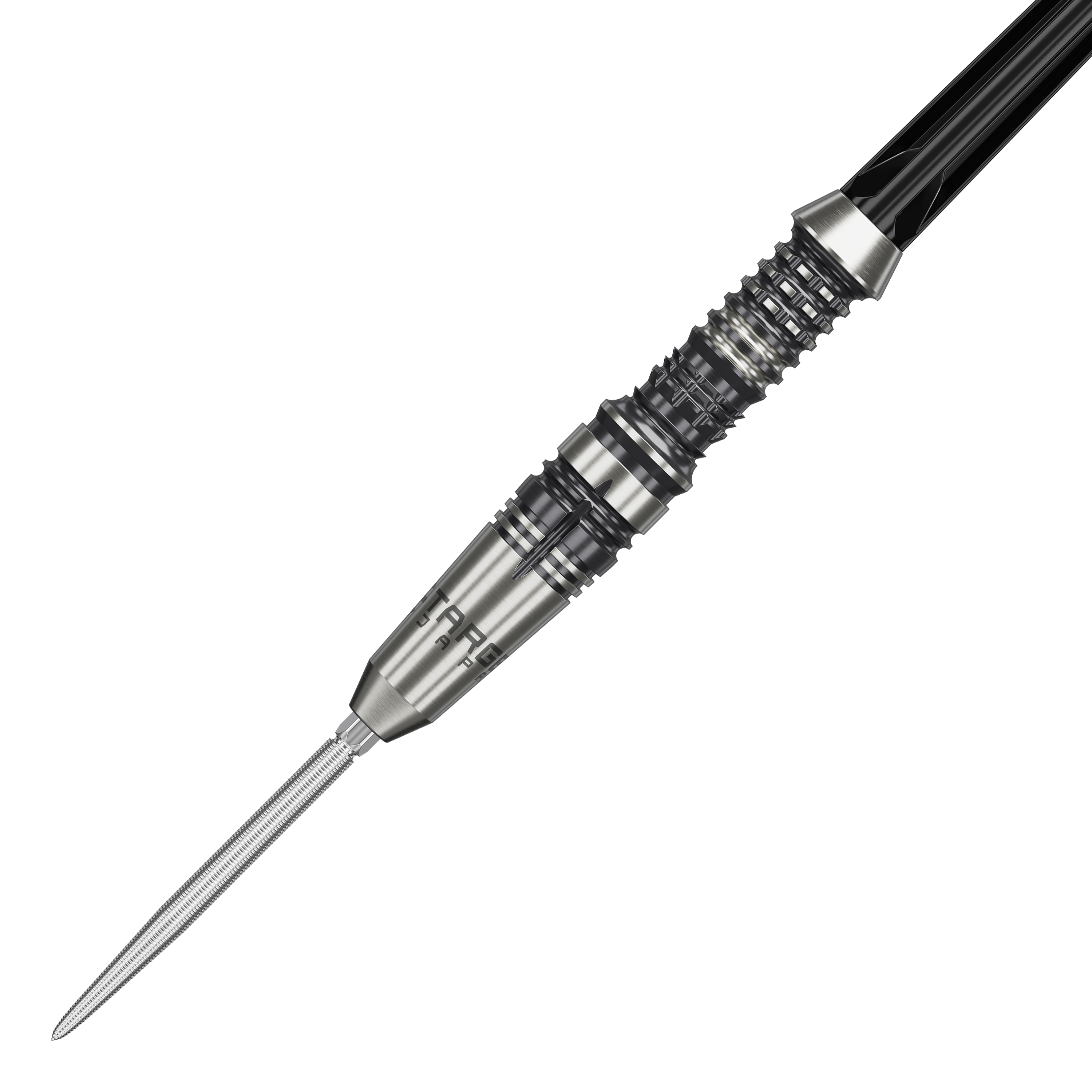 Target Japan Zwart Merk Heracles Steeldarts Das Bild zeigt einen Target Japan Black Marque Heracles Steeldart. Der Dart hat ein silbernes, fein geriffeltes Design mit schwarzen Akzenten.