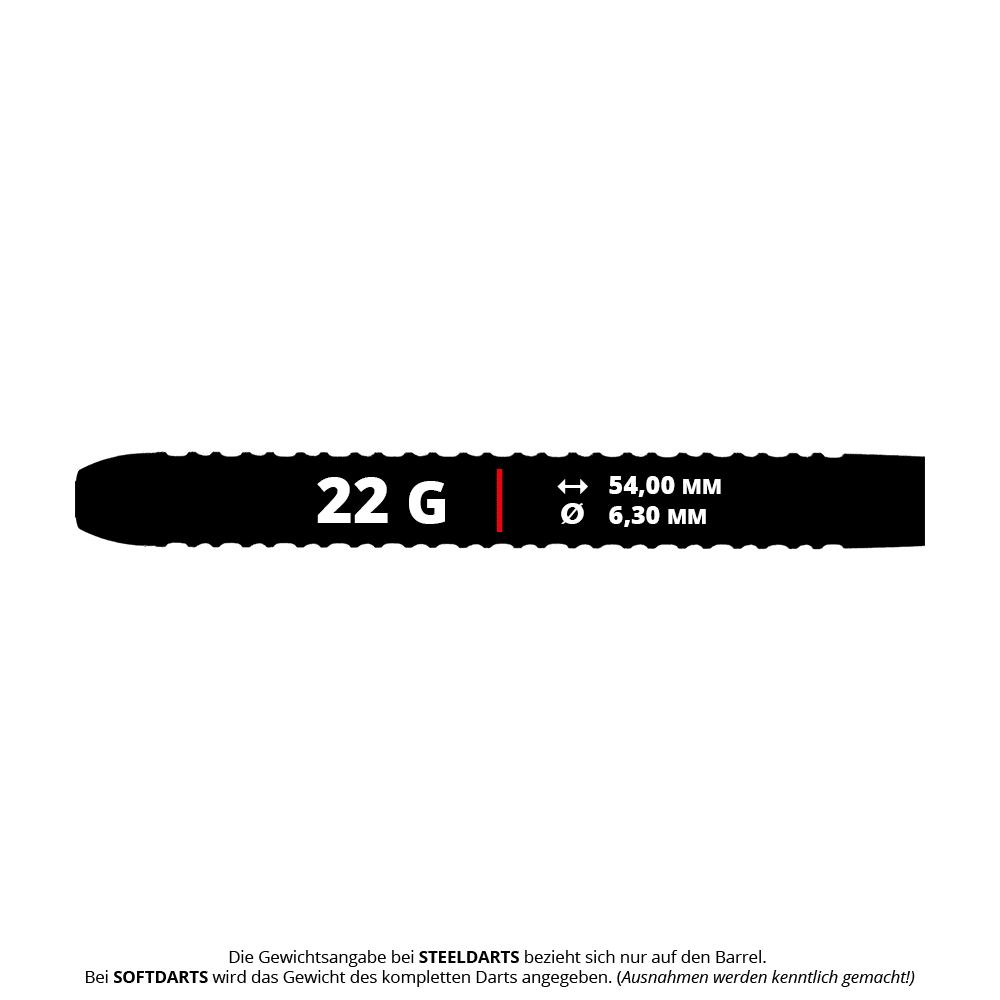 Das Bild zeigt die McDart Black Ring 2 Steeldart-Barrels mit einem Gewicht von 22g. Es handelt sich um schwarze Dart-Barrels für Steeldartspiele.